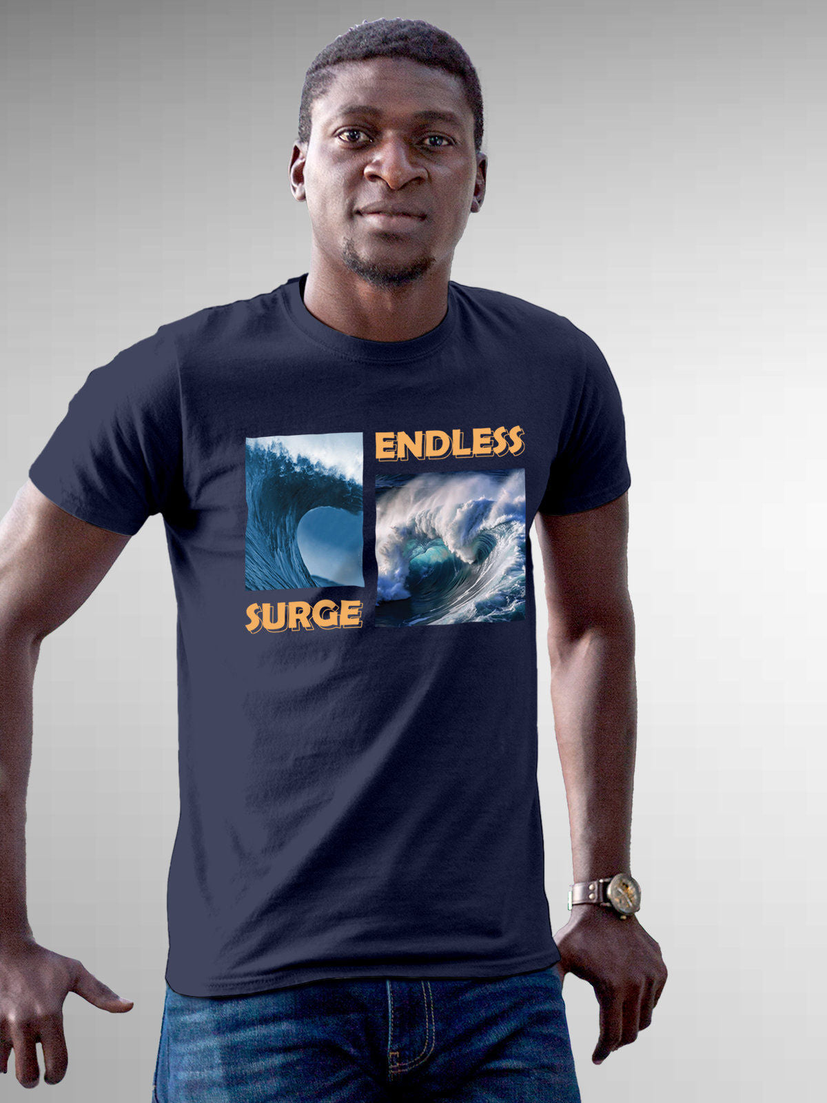 Model wearing Men's Navy Blue Round Neck T-shirt with 'Endless Surge' design, offering effortless style and premium comfort