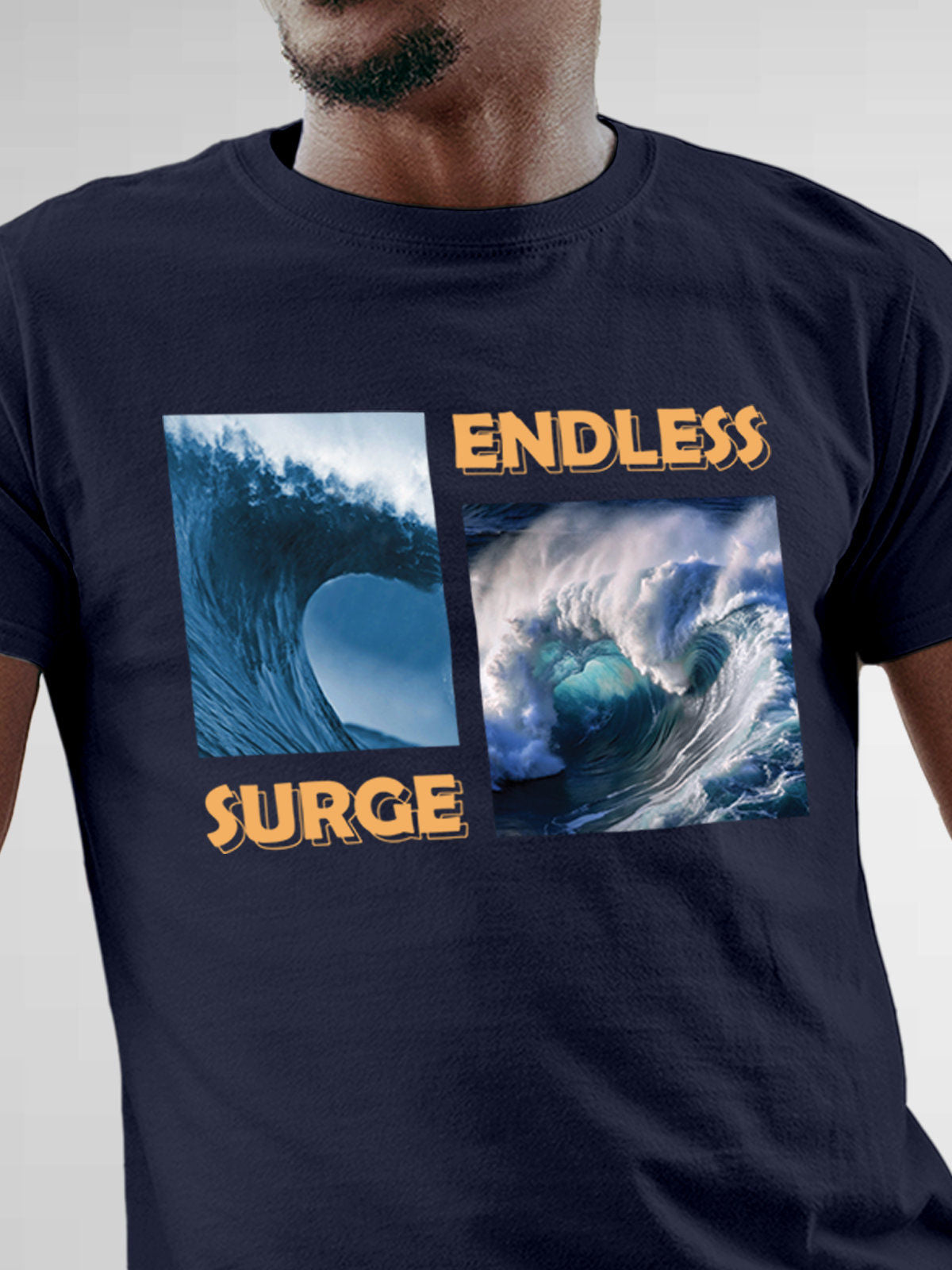 Close up of 'Endless Surge' design on Men's Navy Blue Round Neck T-shirt, highlighting intricate details and vibrant print.