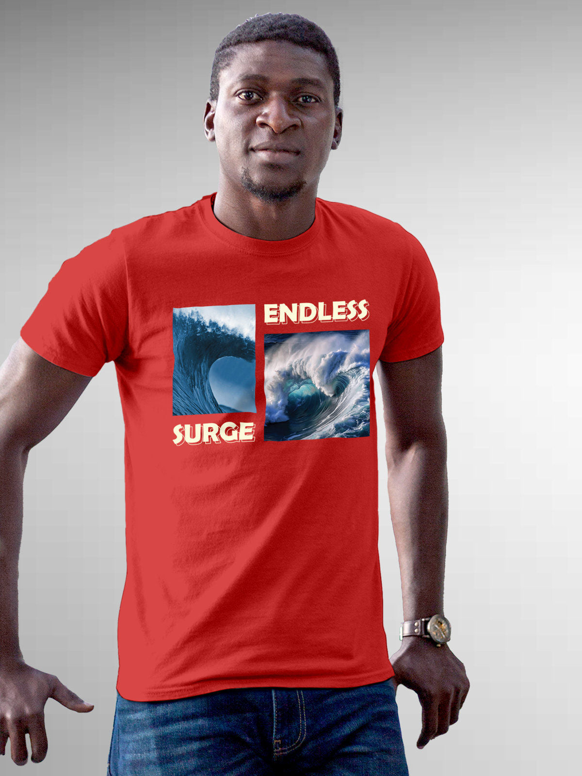 Model wearing Men's Red Round Neck T-shirt with 'Endless Surge' design, offering effortless style and premium comfort