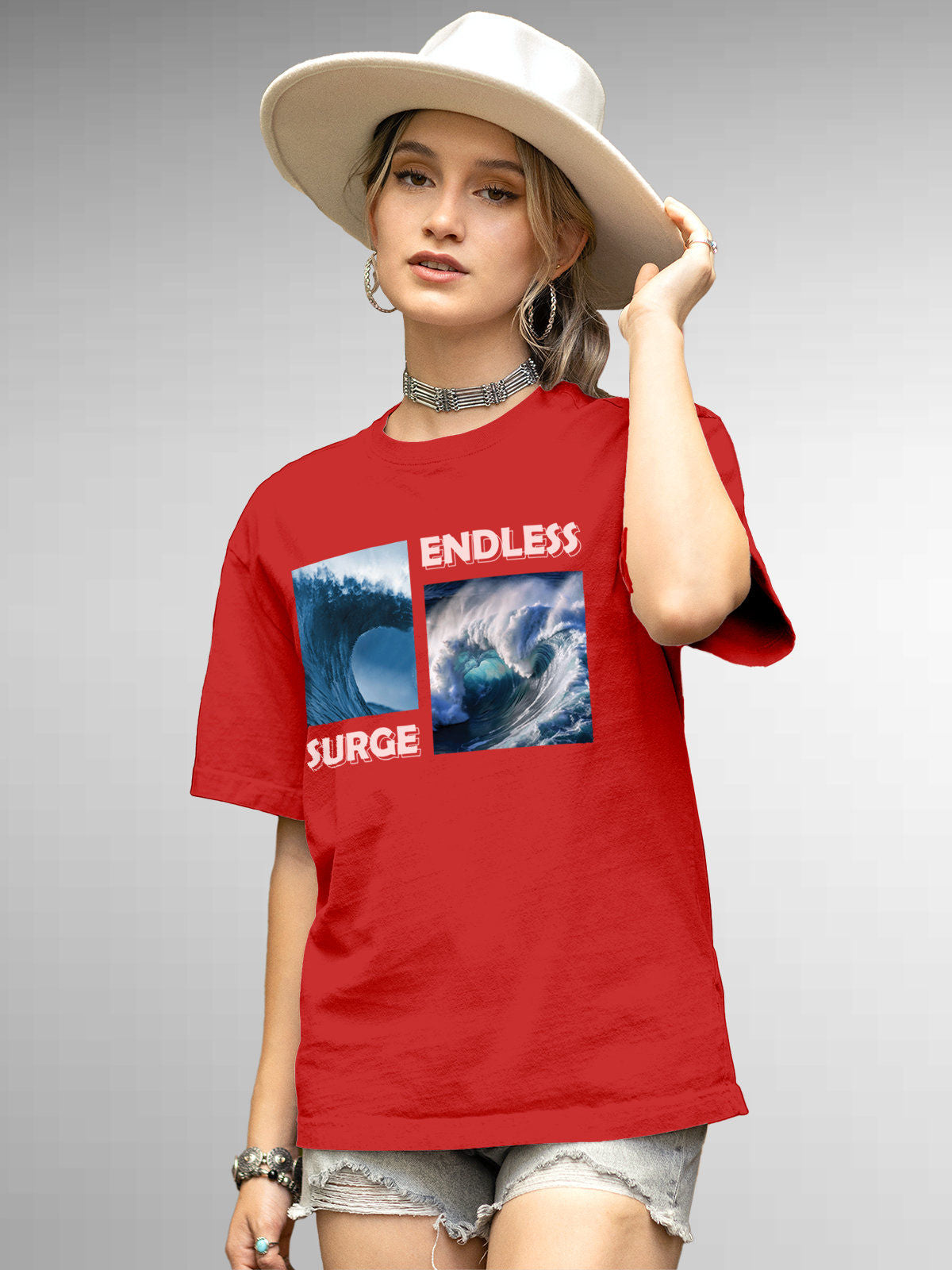 Model wearing Women's Red Round Neck T-shirt with 'Endless Surge' design, offering effortless style and premium comfort