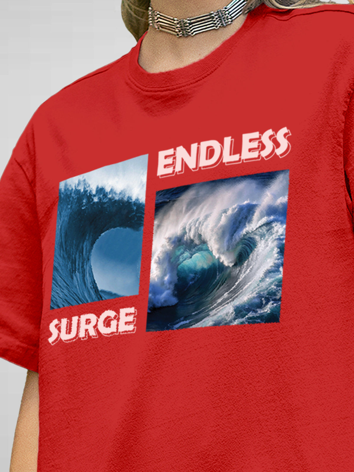 Close up of 'Endless Surge' design on Women's Red Round Neck T-shirt, highlighting intricate details and vibrant print.