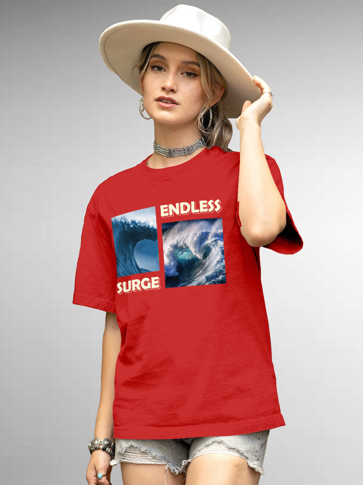Model wearing Women's Red Round Neck T-shirt with 'Endless Surge' design, offering effortless style and premium comfort