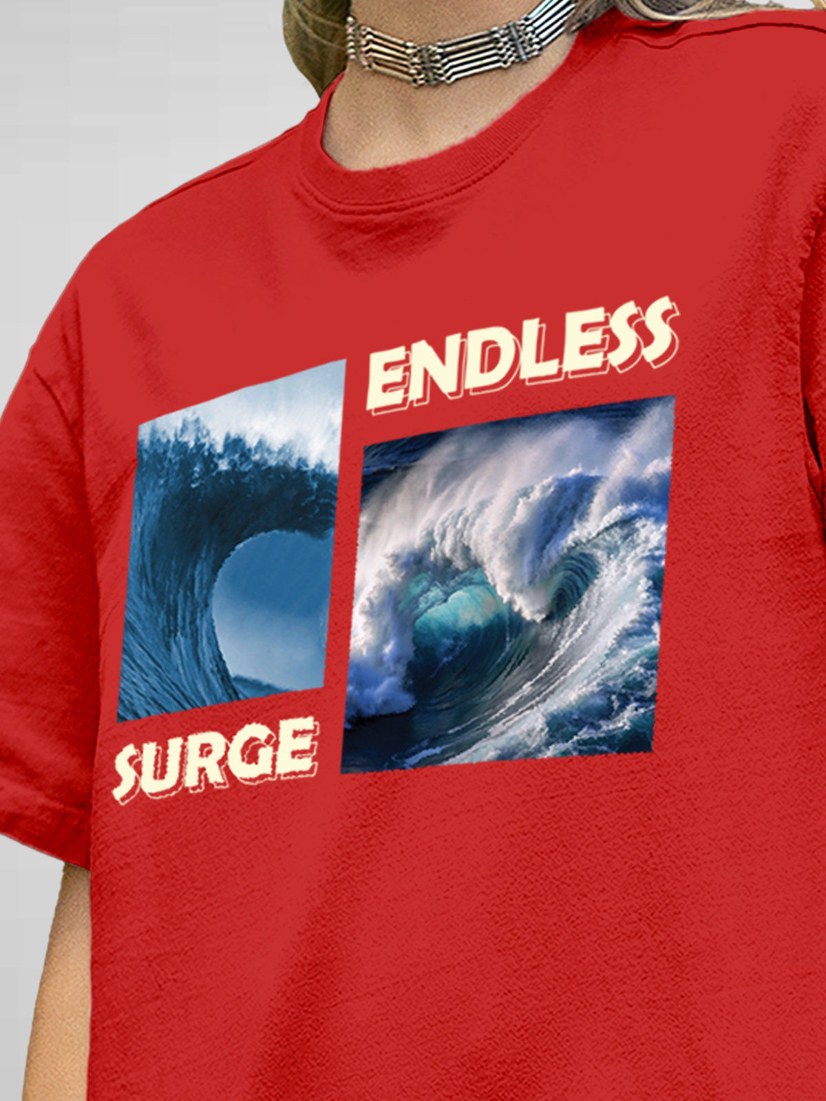 Close up of 'Endless Surge' design on Women's Red Round Neck T-shirt, highlighting intricate details and vibrant print.