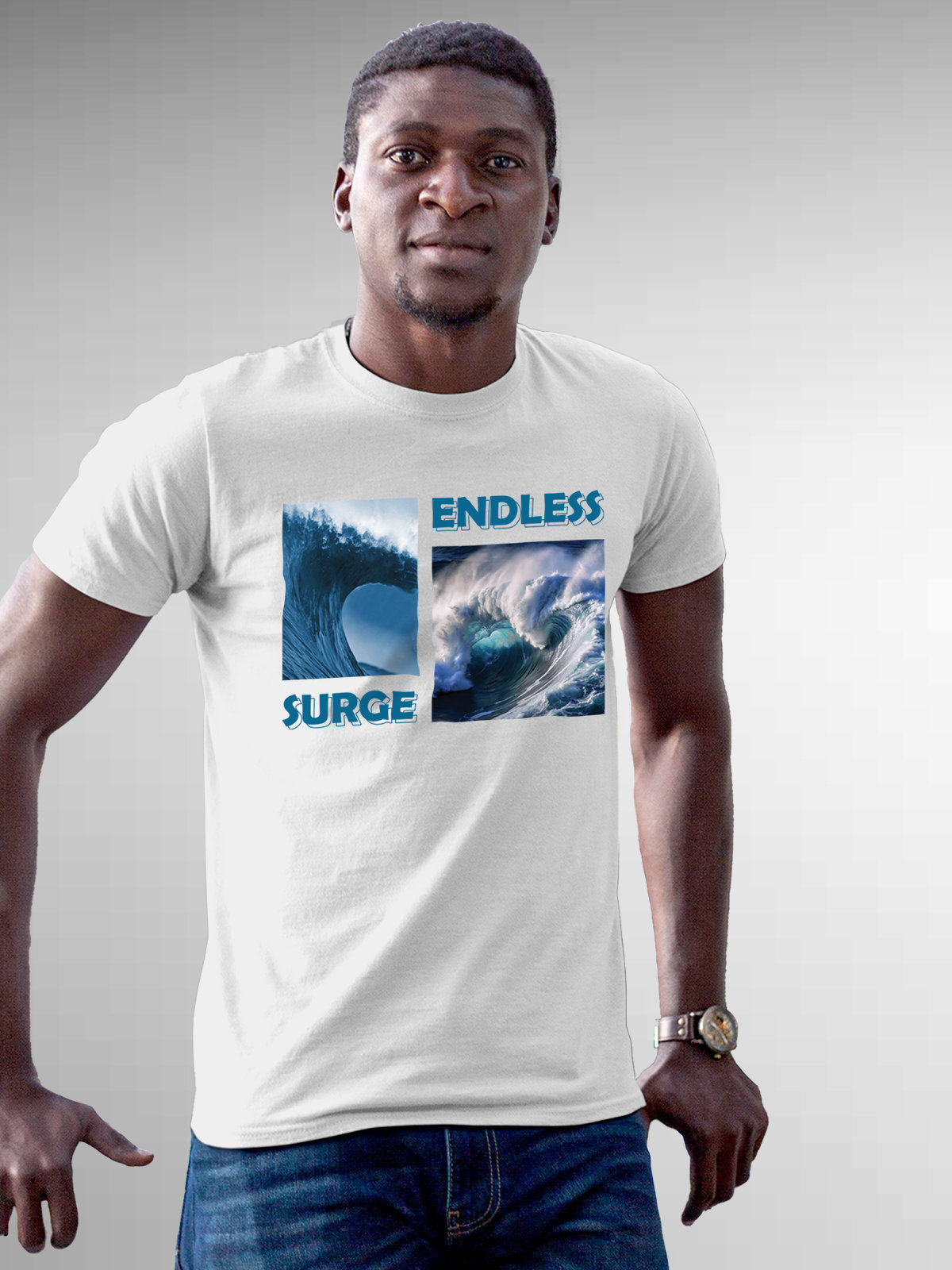 Model wearing Men's White Round Neck T-shirt with 'Endless Surge' design, offering effortless style and premium comfort