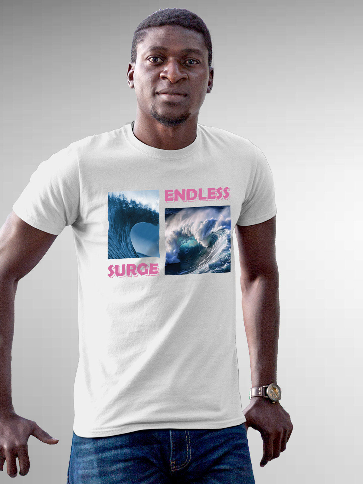 Model wearing Men's White Round Neck T-shirt with 'Endless Surge' design, offering effortless style and premium comfort