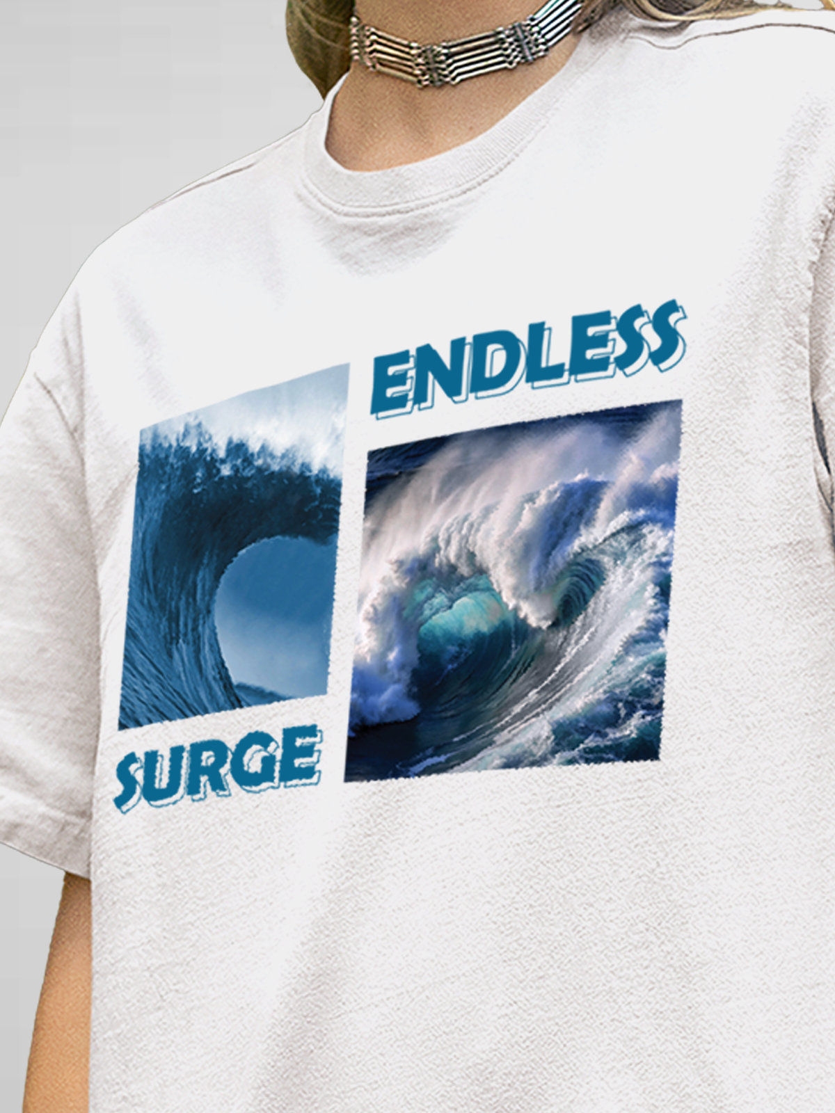 Close up of 'Endless Surge' design on Women's White Round Neck T-shirt, highlighting intricate details and vibrant print.