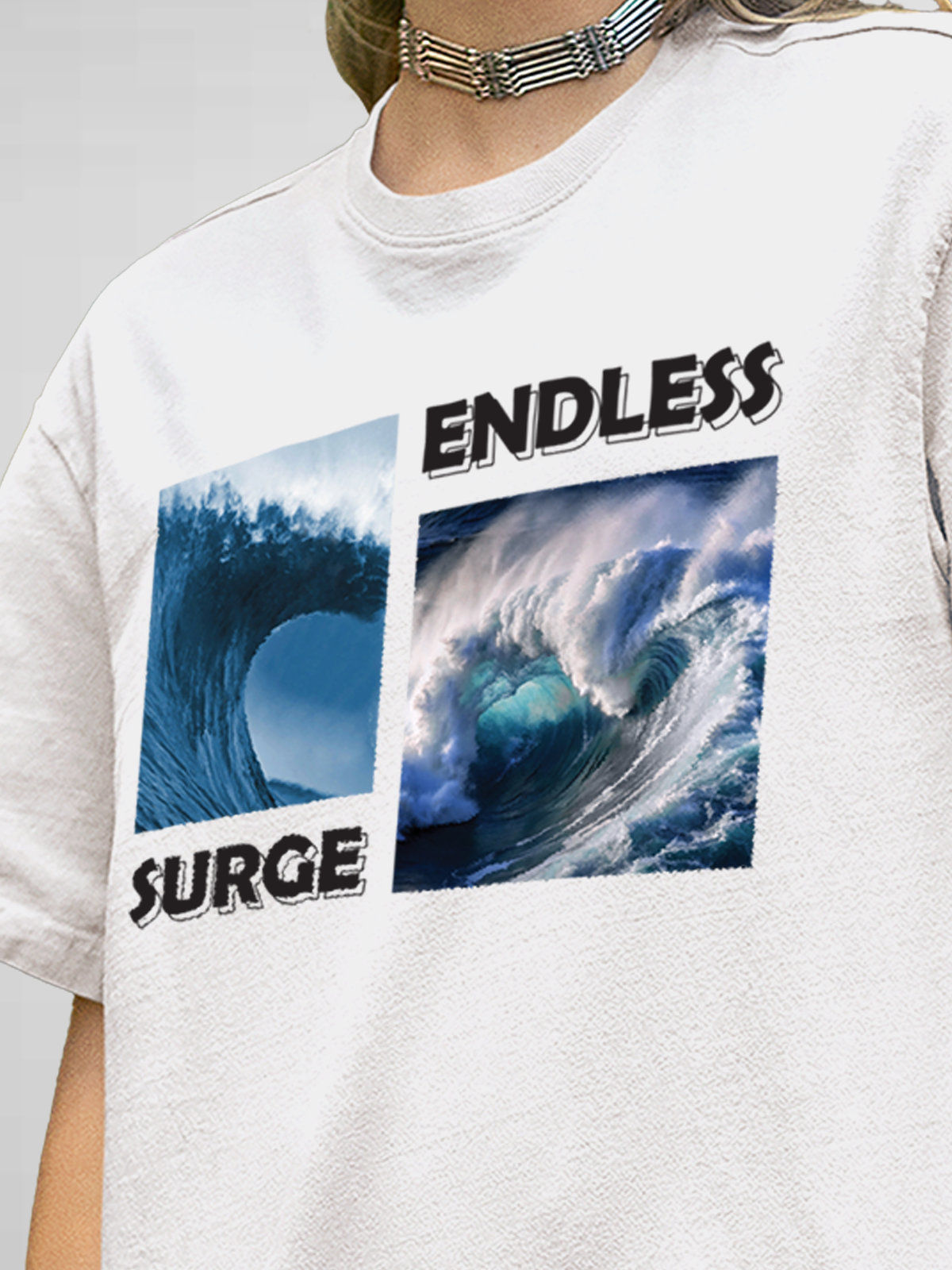 Close up of 'Endless Surge' design on Women's White Round Neck T-shirt, highlighting intricate details and vibrant print.