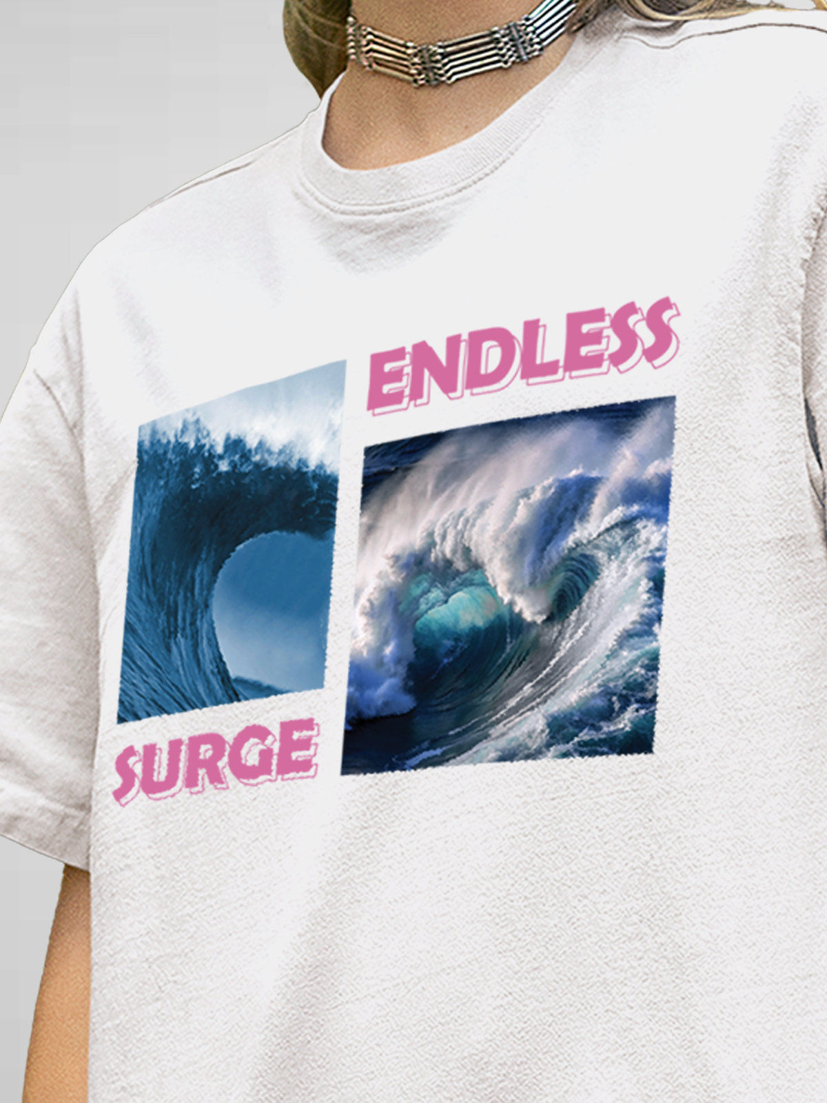 Close up of 'Endless Surge' design on Women's White Round Neck T-shirt, highlighting intricate details and vibrant print.