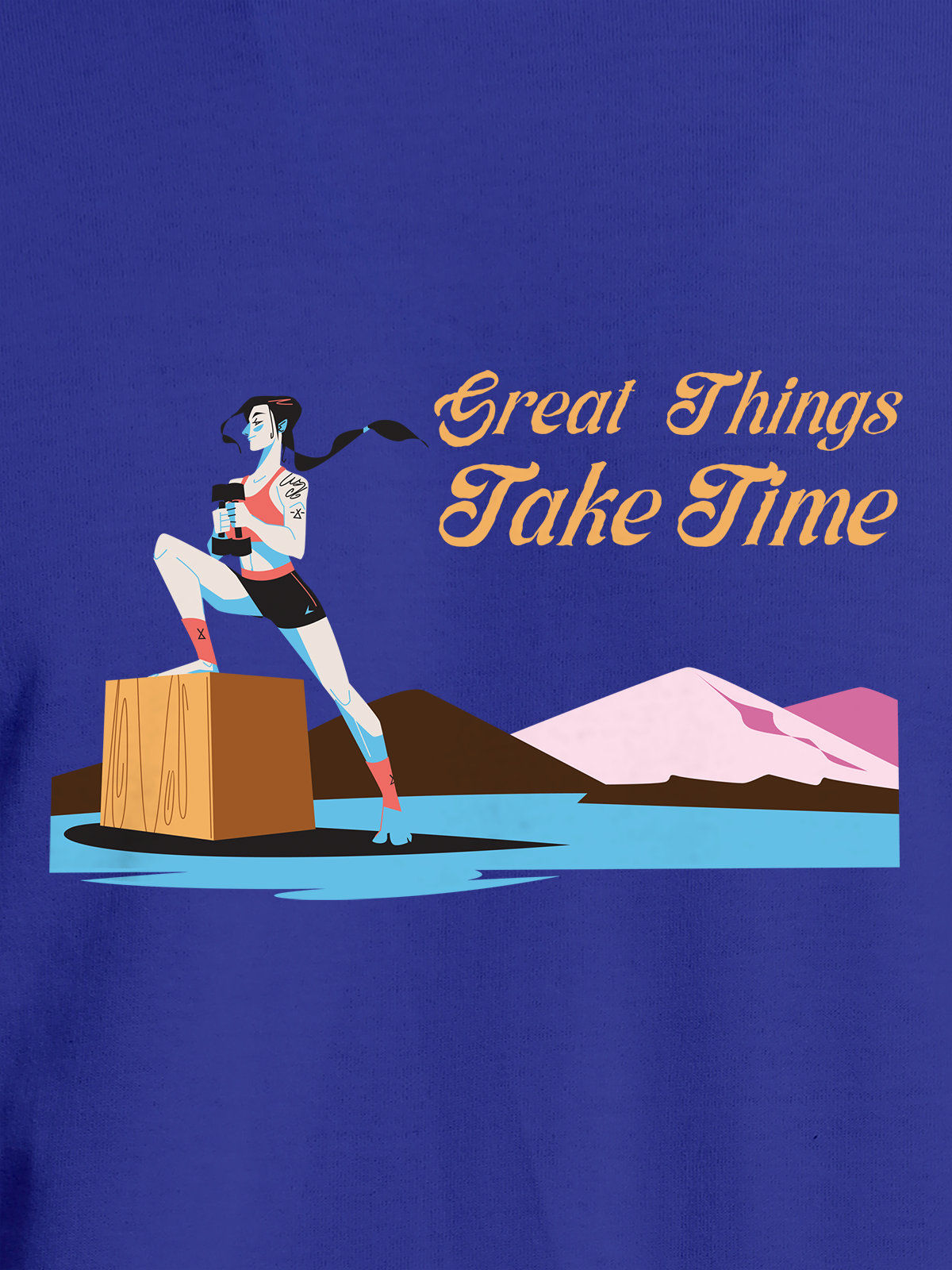 Close up of 'Great Things Take Time' design on Women's Blue Round Neck T-shirt, highlighting intricate details and vibrant print.