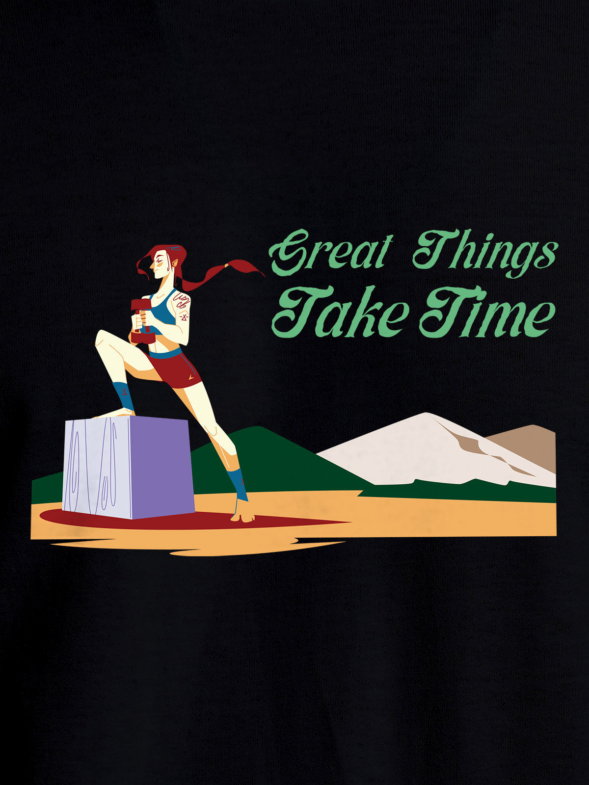 Close up of 'Great Things Take Time' design on Women's Black Round Neck T-shirt, highlighting intricate details and vibrant print.