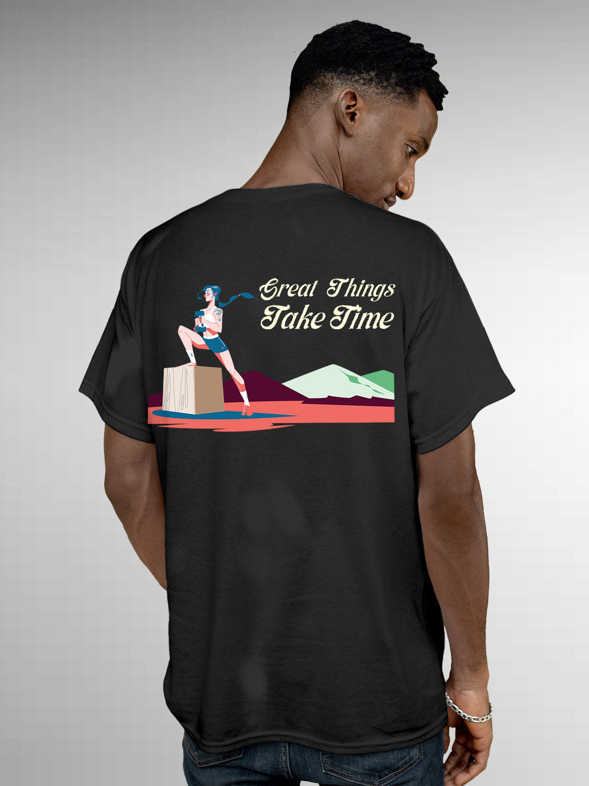Model wearing Men's Dark Grey Round Neck T-shirt with 'Great Things Take Time' design, offering effortless style and premium comfort