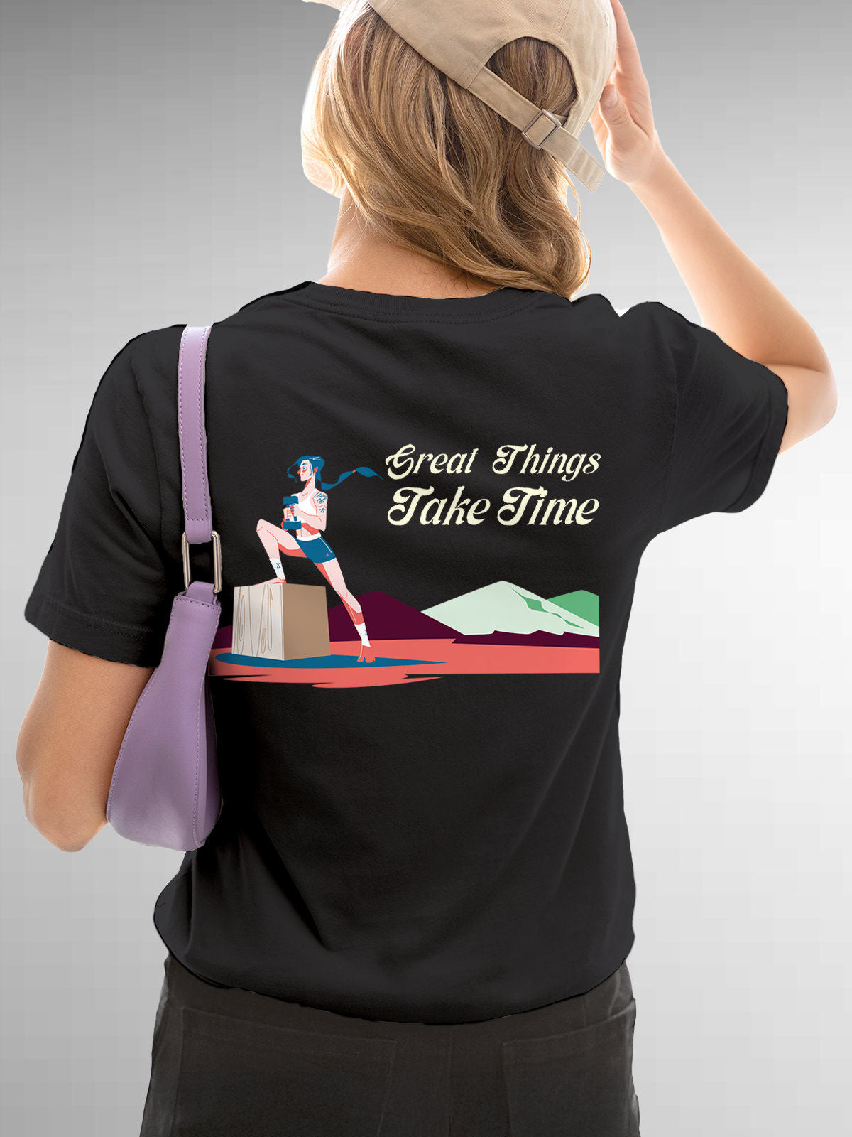 Model wearing Women's Dark Grey Round Neck T-shirt with 'Great Things Take Time' design, offering effortless style and premium comfort