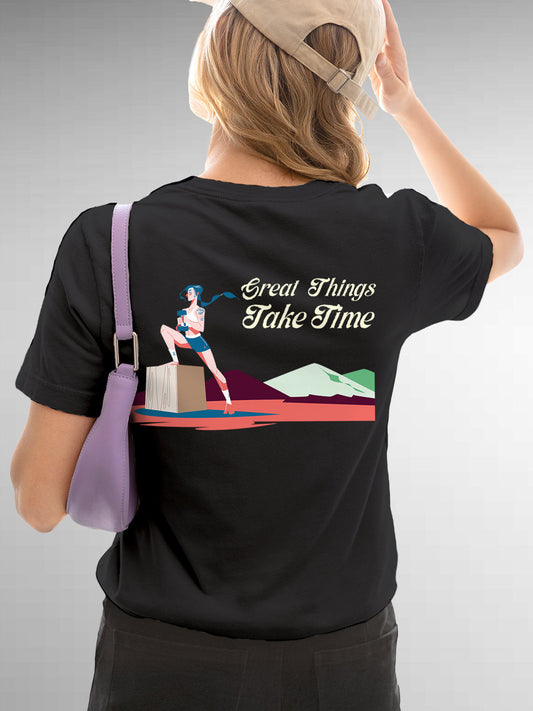 Model wearing Women's Dark Grey Round Neck T-shirt with 'Great Things Take Time' design, offering effortless style and premium comfort