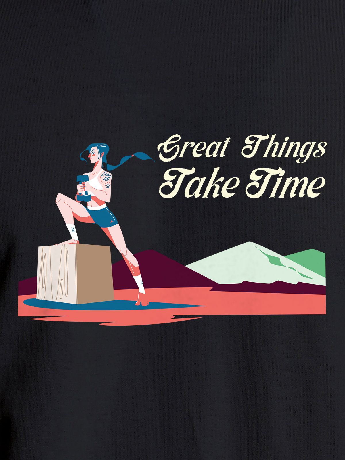 Close up of 'Great Things Take Time' design on Women's Dark Grey Round Neck T-shirt, highlighting intricate details and vibrant print.