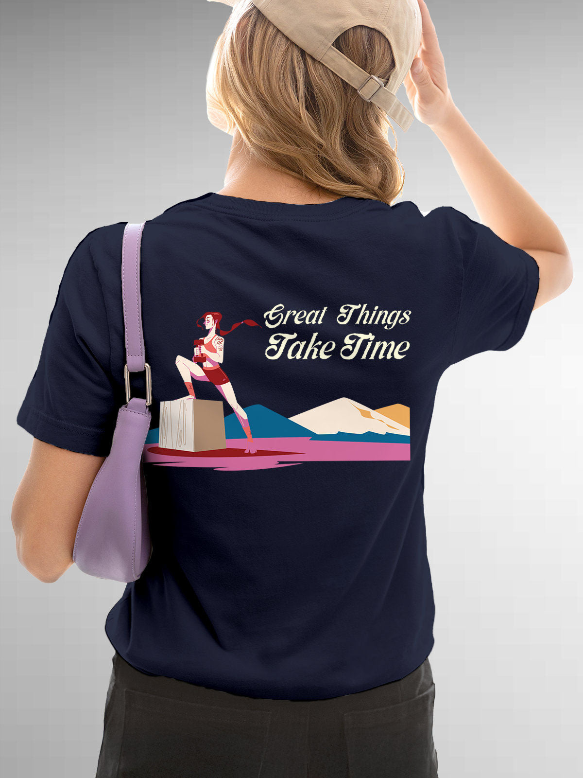 Model wearing Women's Navy Blue Round Neck T-shirt with 'Great Things Take Time' design, offering effortless style and premium comfort