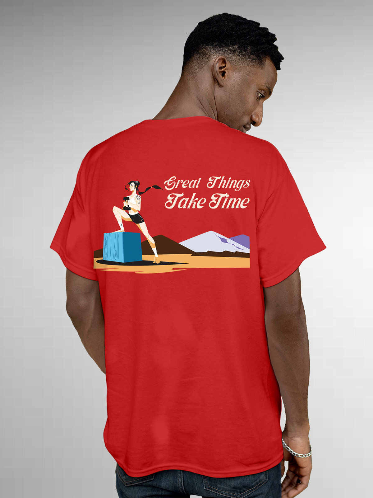 Model wearing Men's Red Round Neck T-shirt with 'Great Things Take Time' design, offering effortless style and premium comfort