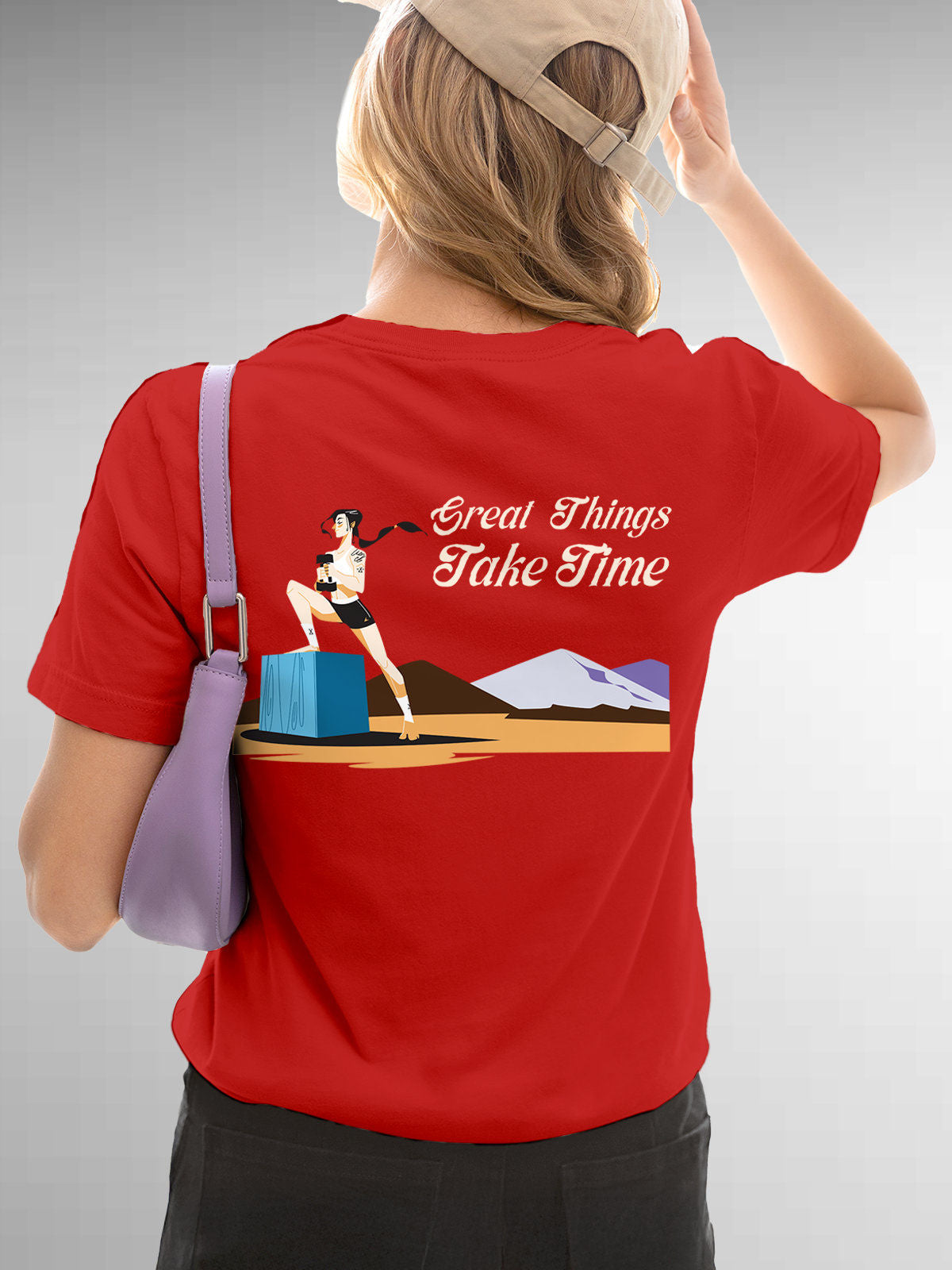 Model wearing Women's Red Round Neck T-shirt with 'Great Things Take Time' design, offering effortless style and premium comfort