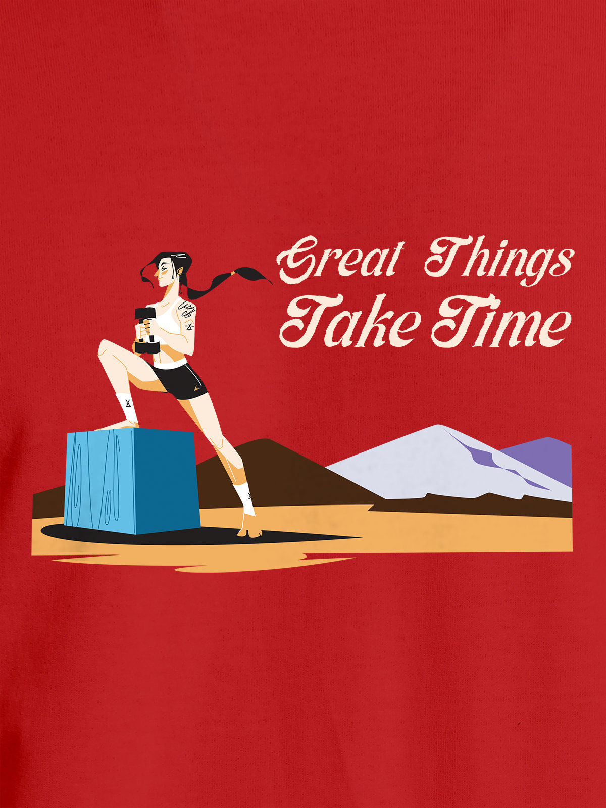 Close up of 'Great Things Take Time' design on Women's Red Round Neck T-shirt, highlighting intricate details and vibrant print.