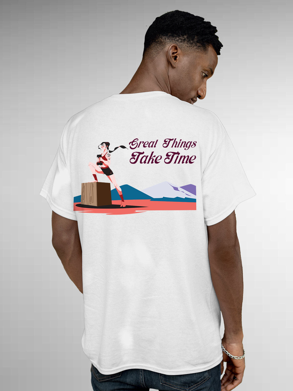 Model wearing Men's White Round Neck T-shirt with 'Great Things Take Time' design, offering effortless style and premium comfort