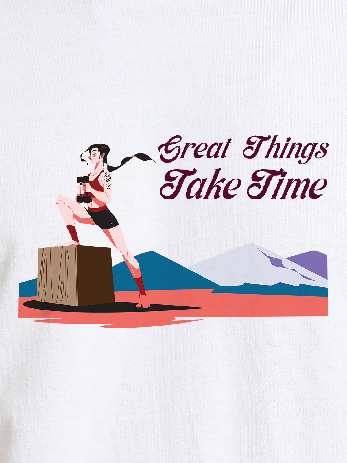 Close up of 'Great Things Take Time' design on Women's White Round Neck T-shirt, highlighting intricate details and vibrant print.