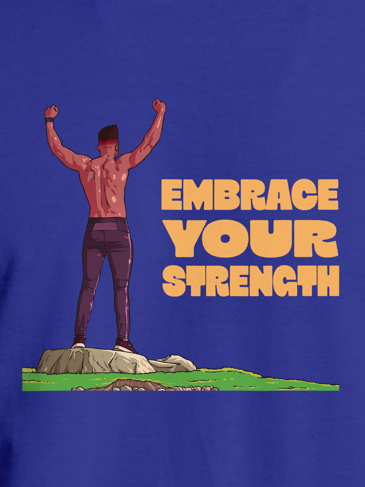Close up of 'Embrace Your Strength' design on Men's Blue Round Neck T-shirt, highlighting intricate details and vibrant print.