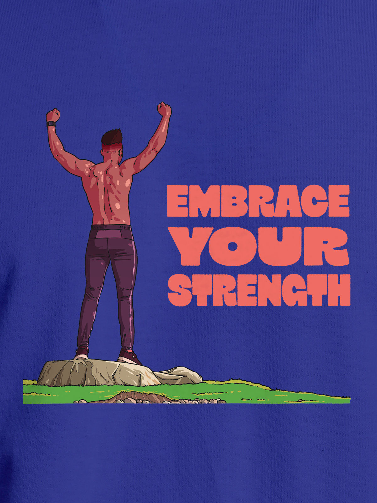 Close up of 'Embrace Your Strength' design on Men's Blue Round Neck T-shirt, highlighting intricate details and vibrant print.