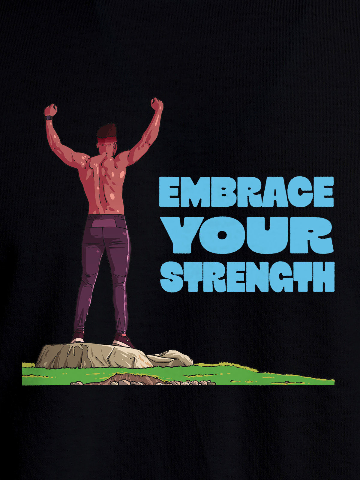 Close up of 'Embrace Your Strength' design on Men's Black Round Neck T-shirt, highlighting intricate details and vibrant print.