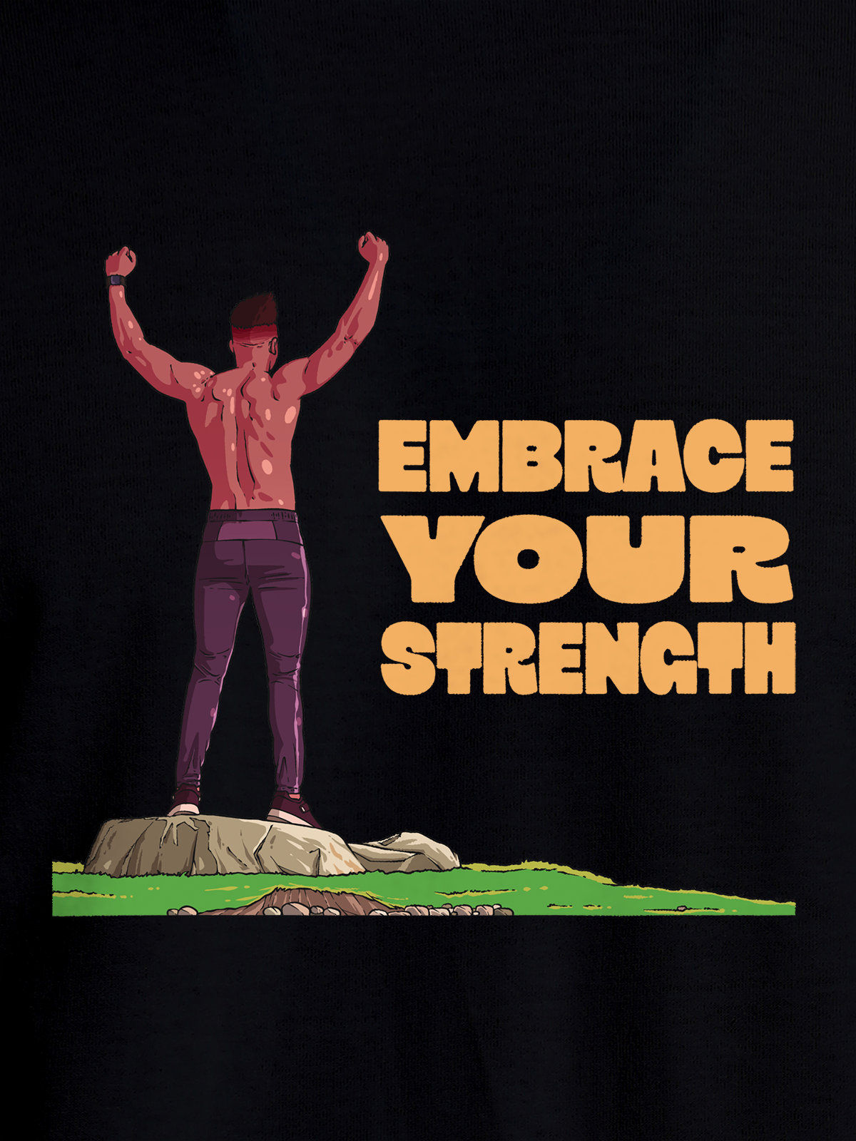 Close up of 'Embrace Your Strength' design on Men's Black Round Neck T-shirt, highlighting intricate details and vibrant print.