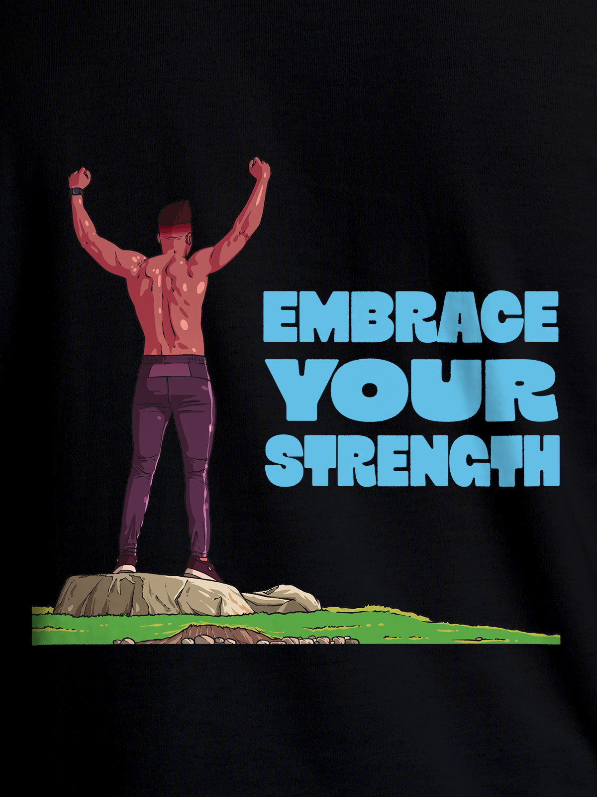 Close up of 'Embrace Your Strength' design on Women's Black Round Neck T-shirt, highlighting intricate details and vibrant print.