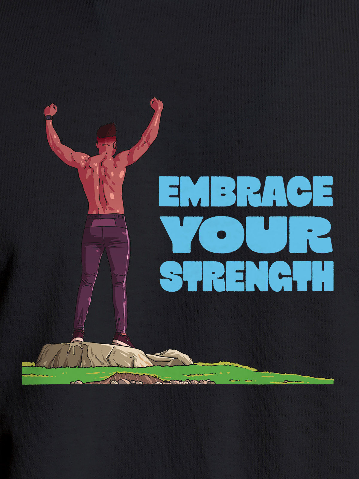 Close up of 'Embrace Your Strength' design on Men's Dark Grey Round Neck T-shirt, highlighting intricate details and vibrant print.