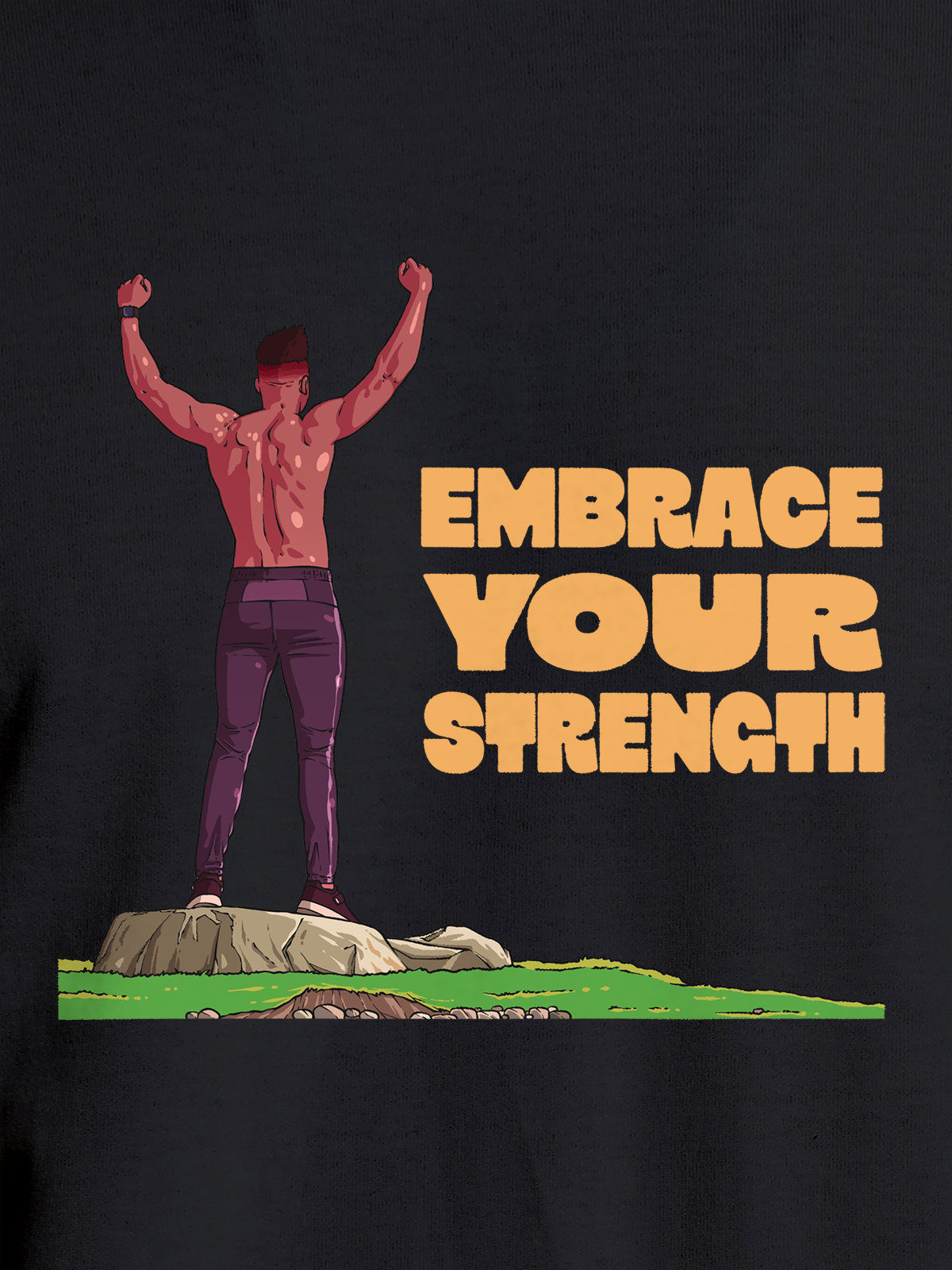 Close up of 'Embrace Your Strength' design on Men's Dark Grey Round Neck T-shirt, highlighting intricate details and vibrant print.