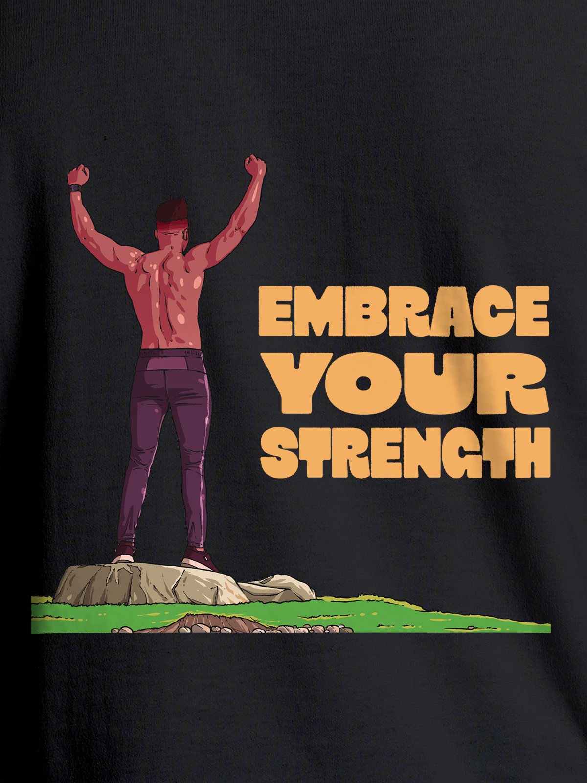 Close up of 'Embrace Your Strength' design on Women's Dark Grey Round Neck T-shirt, highlighting intricate details and vibrant print.