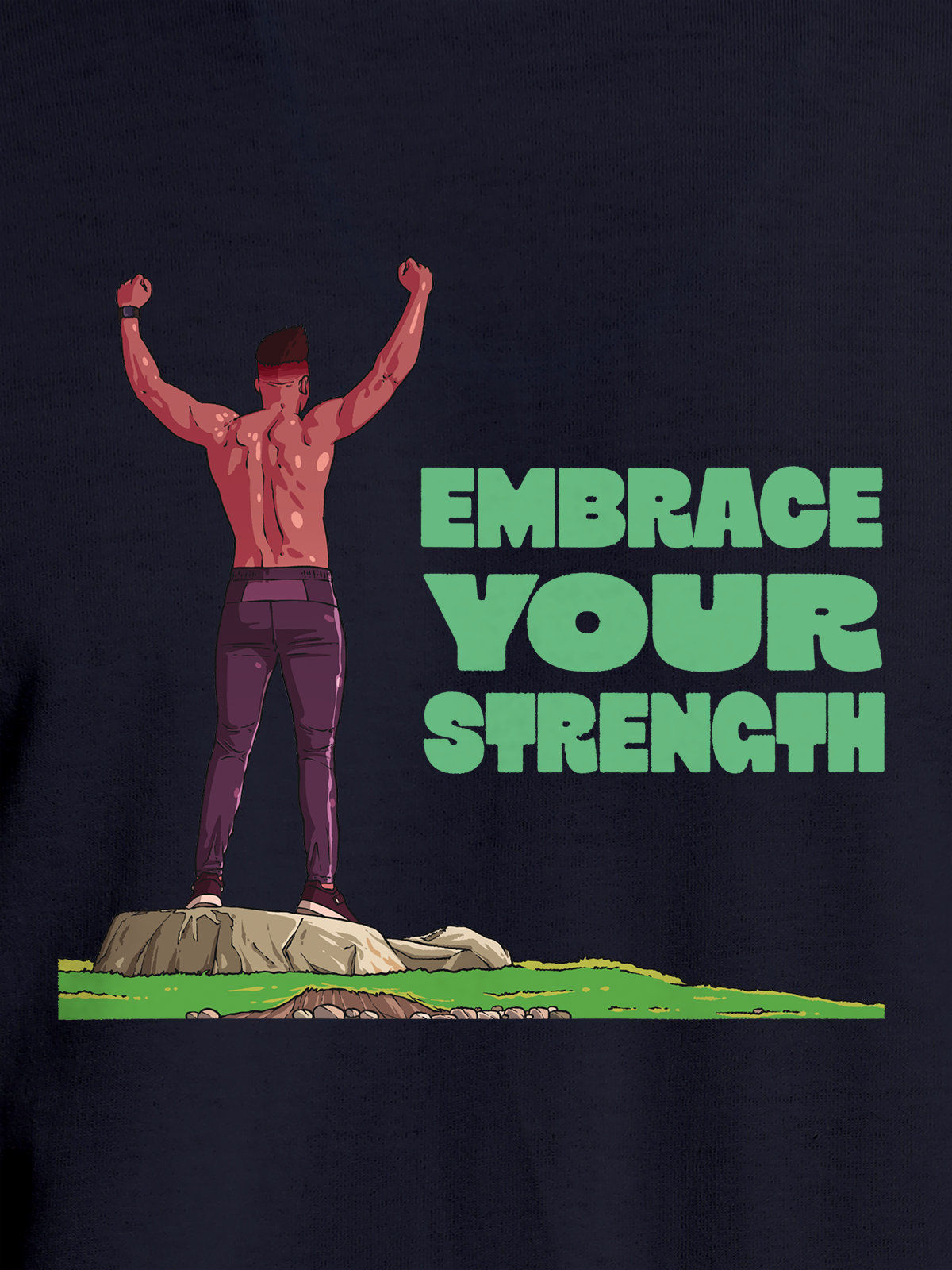 Close up of 'Embrace Your Strength' design on Men's Navy Blue Round Neck T-shirt, highlighting intricate details and vibrant print.