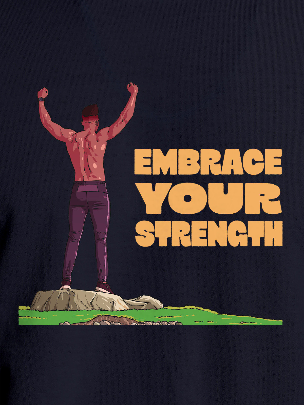 Close up of 'Embrace Your Strength' design on Men's Navy Blue Round Neck T-shirt, highlighting intricate details and vibrant print.