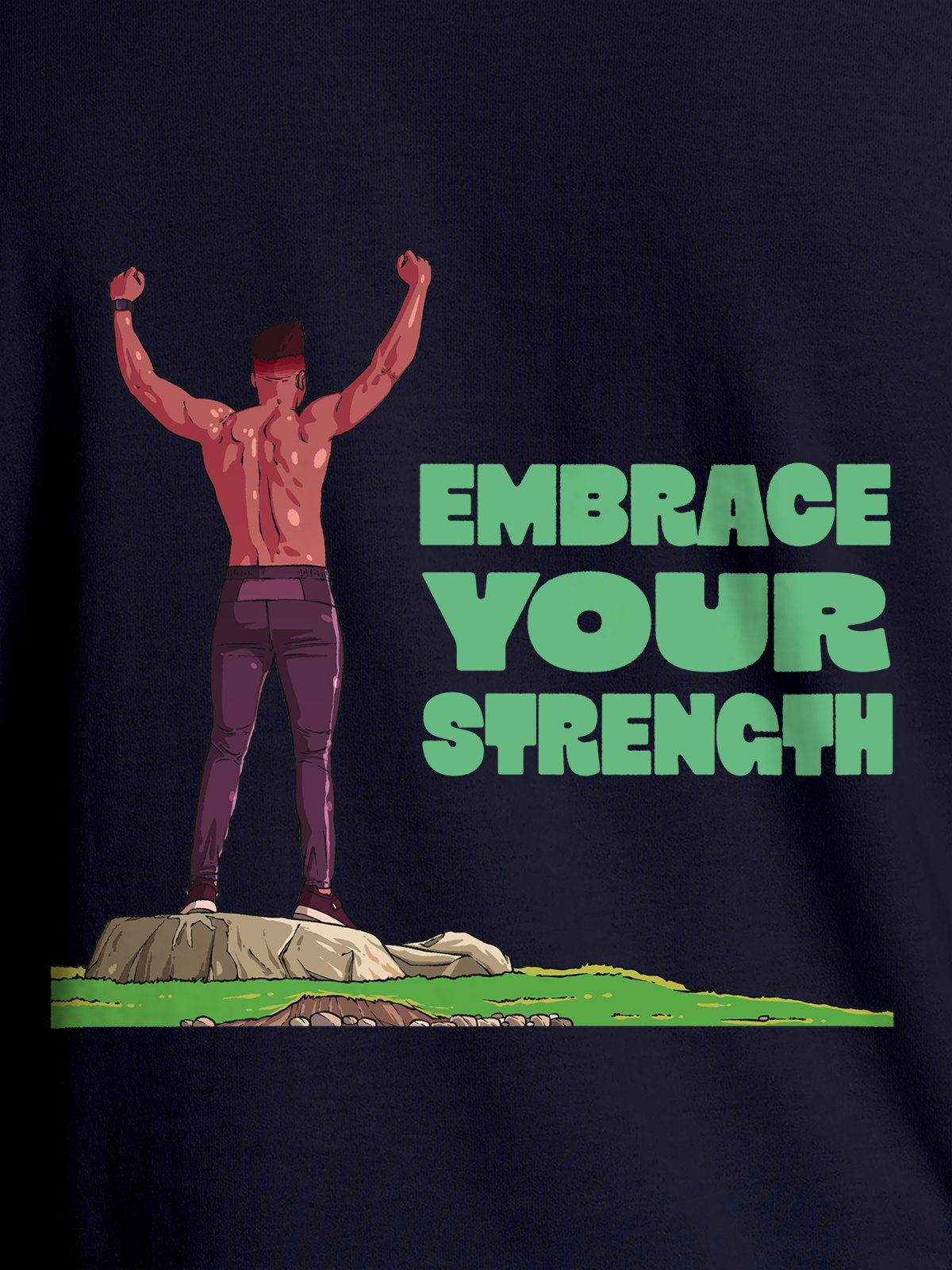 Close up of 'Embrace Your Strength' design on Women's Navy Blue Round Neck T-shirt, highlighting intricate details and vibrant print.