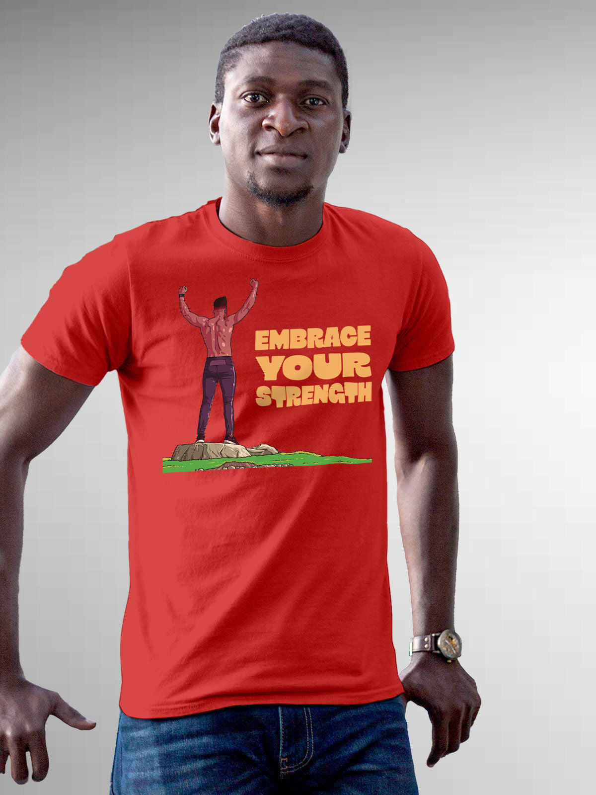 Model wearing Men's Red Round Neck T-shirt with 'Embrace Your Strength' design, offering effortless style and premium comfort