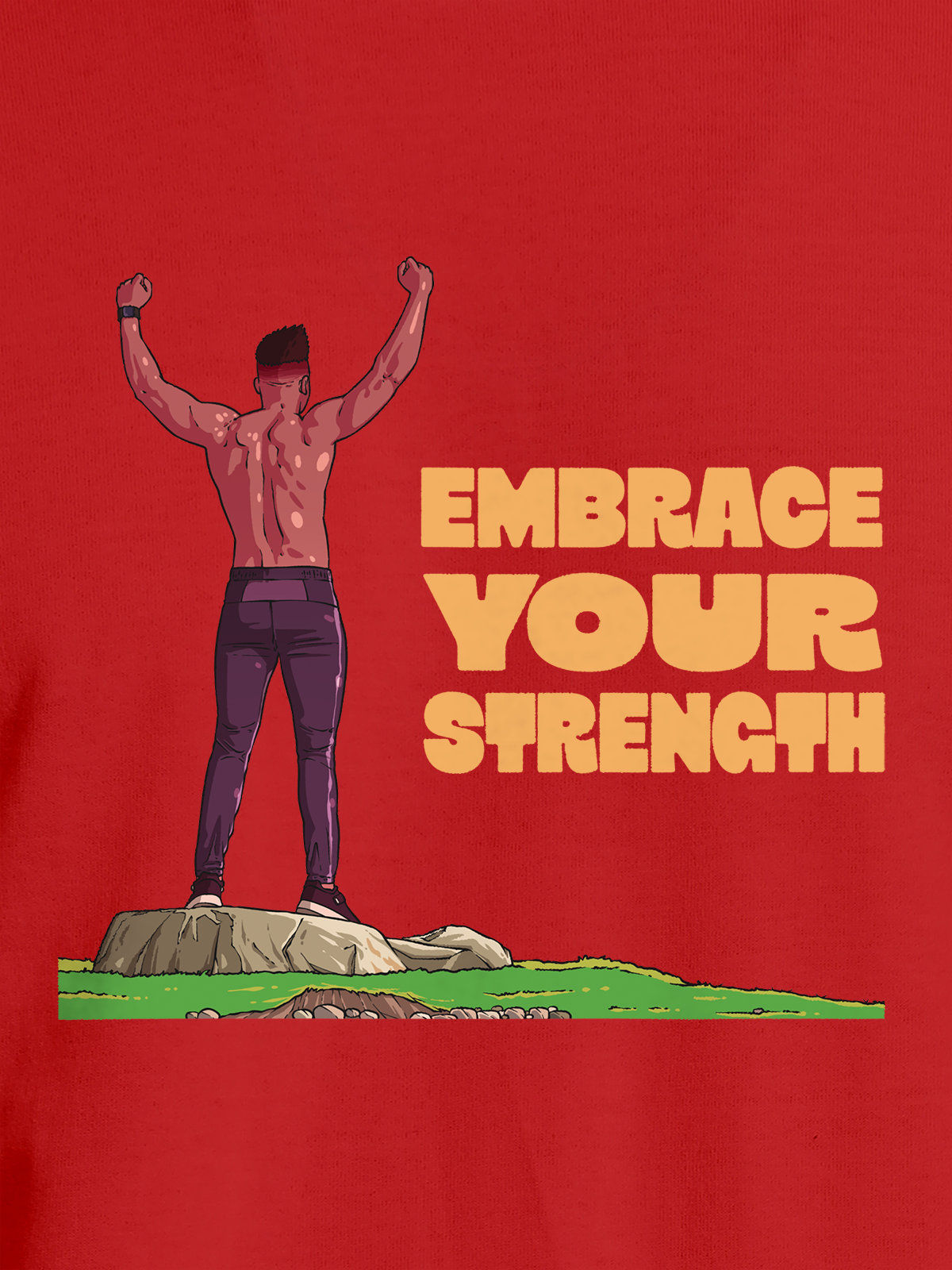 Close up of 'Embrace Your Strength' design on Men's Red Round Neck T-shirt, highlighting intricate details and vibrant print.