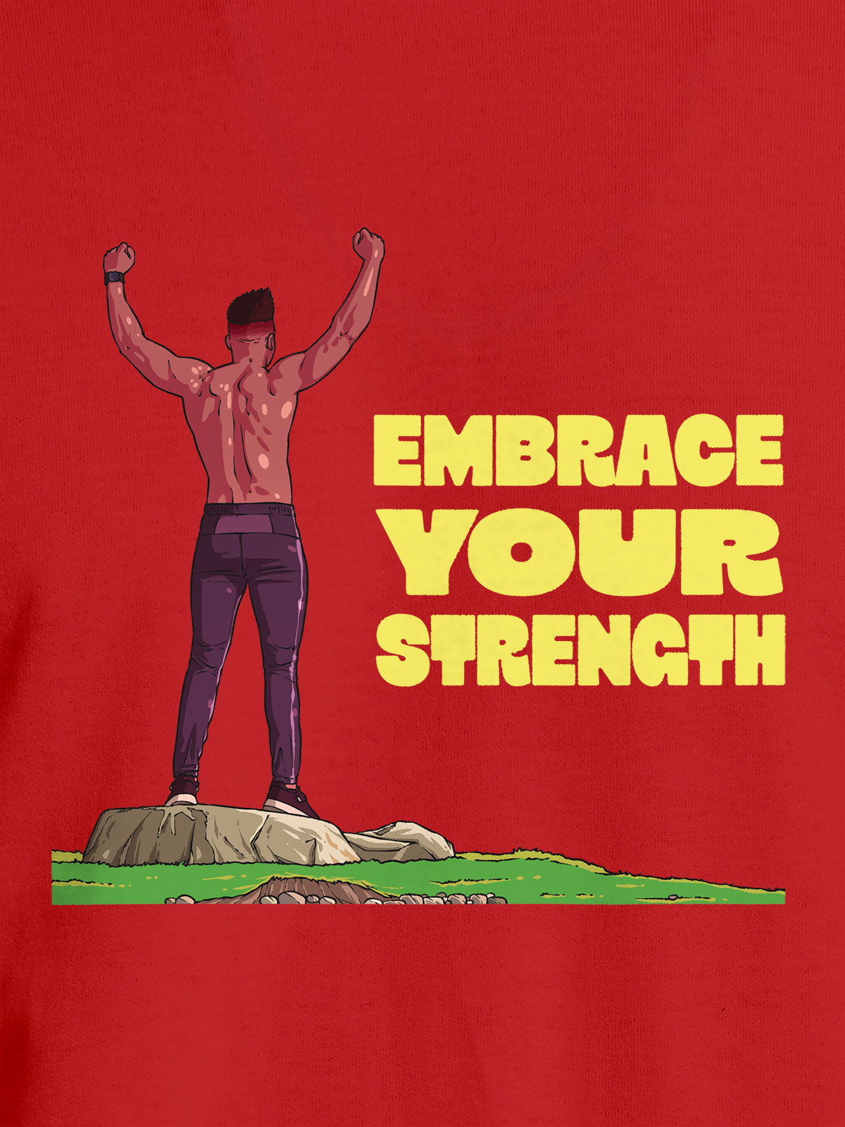 Close up of 'Embrace Your Strength' design on Men's Red Round Neck T-shirt, highlighting intricate details and vibrant print.