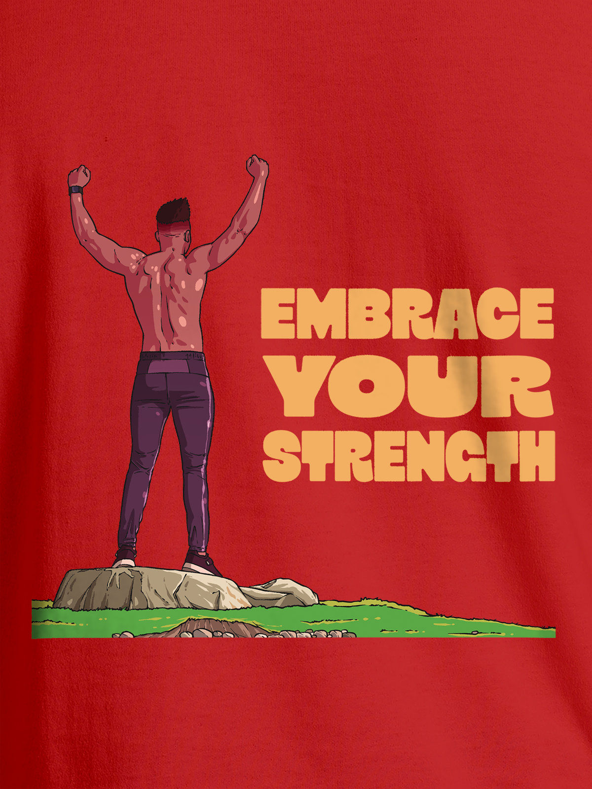 Close up of 'Embrace Your Strength' design on Women's Red Round Neck T-shirt, highlighting intricate details and vibrant print.