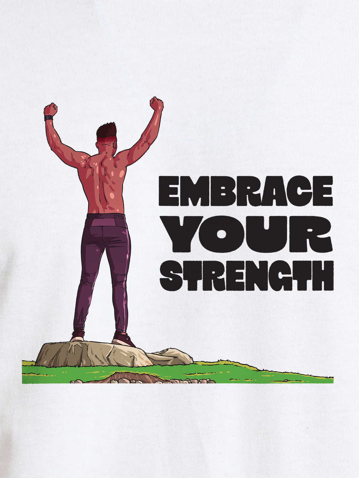 Close up of 'Embrace Your Strength' design on Men's White Round Neck T-shirt, highlighting intricate details and vibrant print.