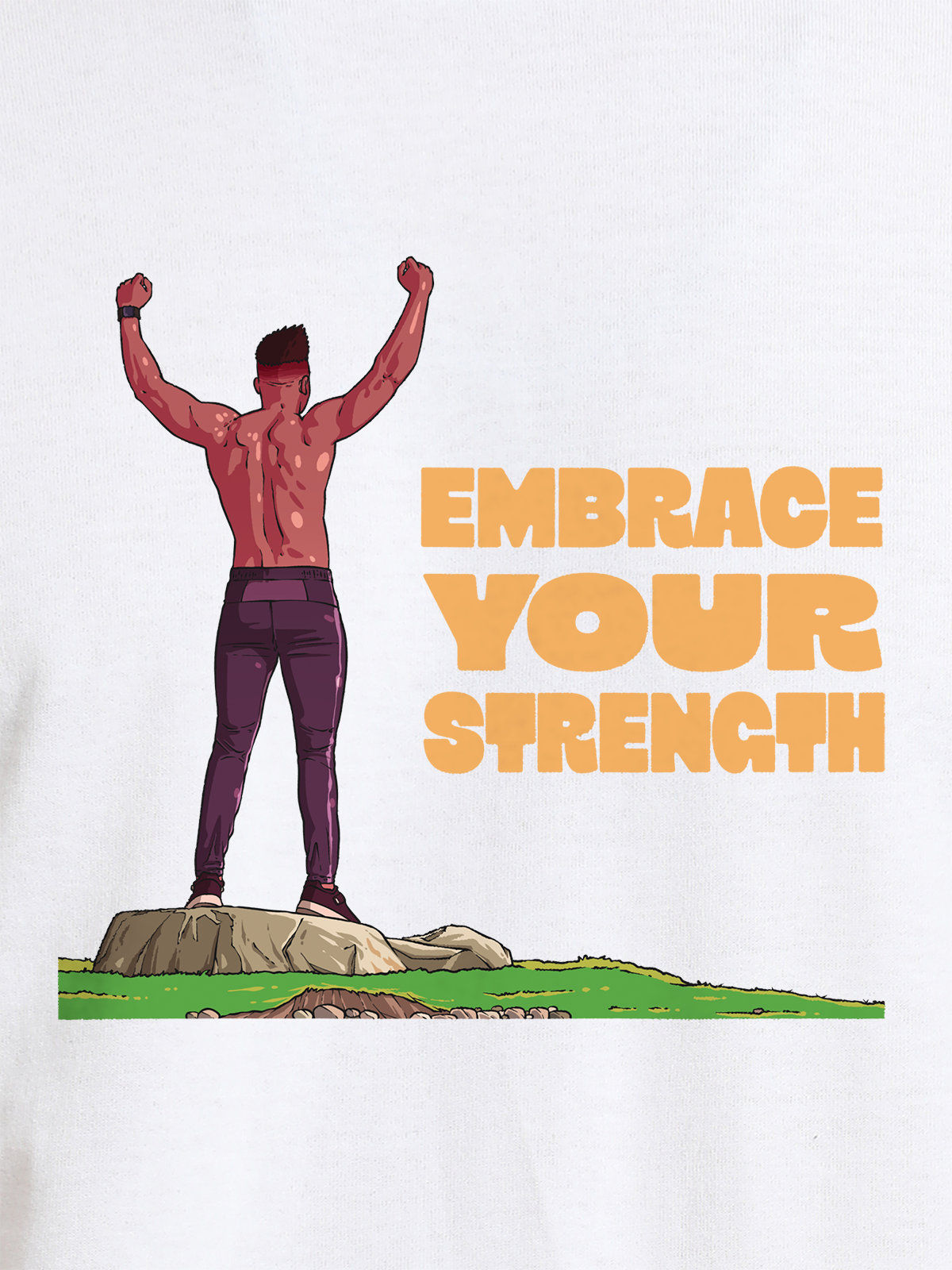 Close up of 'Embrace Your Strength' design on Men's White Round Neck T-shirt, highlighting intricate details and vibrant print.