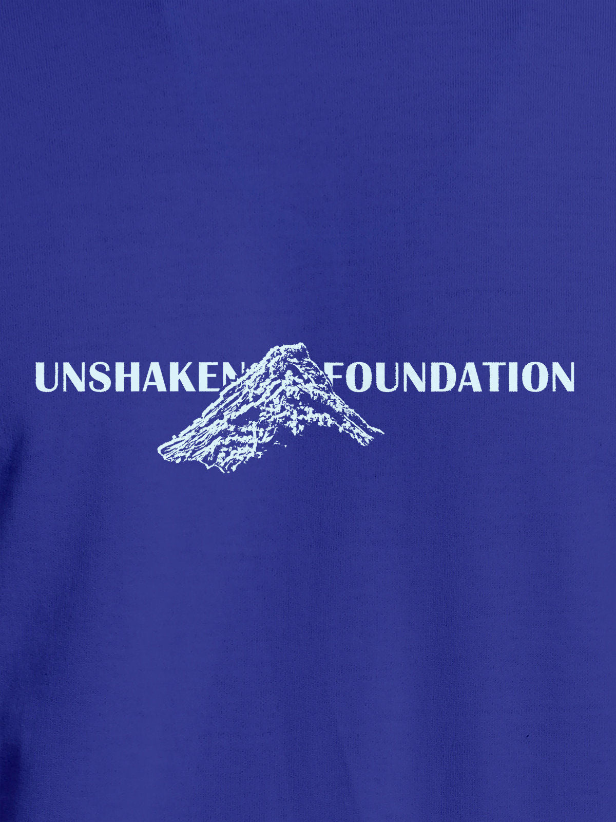 Close up of 'Unshaken Foundation' design on Women's Blue Round Neck T-shirt, highlighting intricate details and vibrant print.