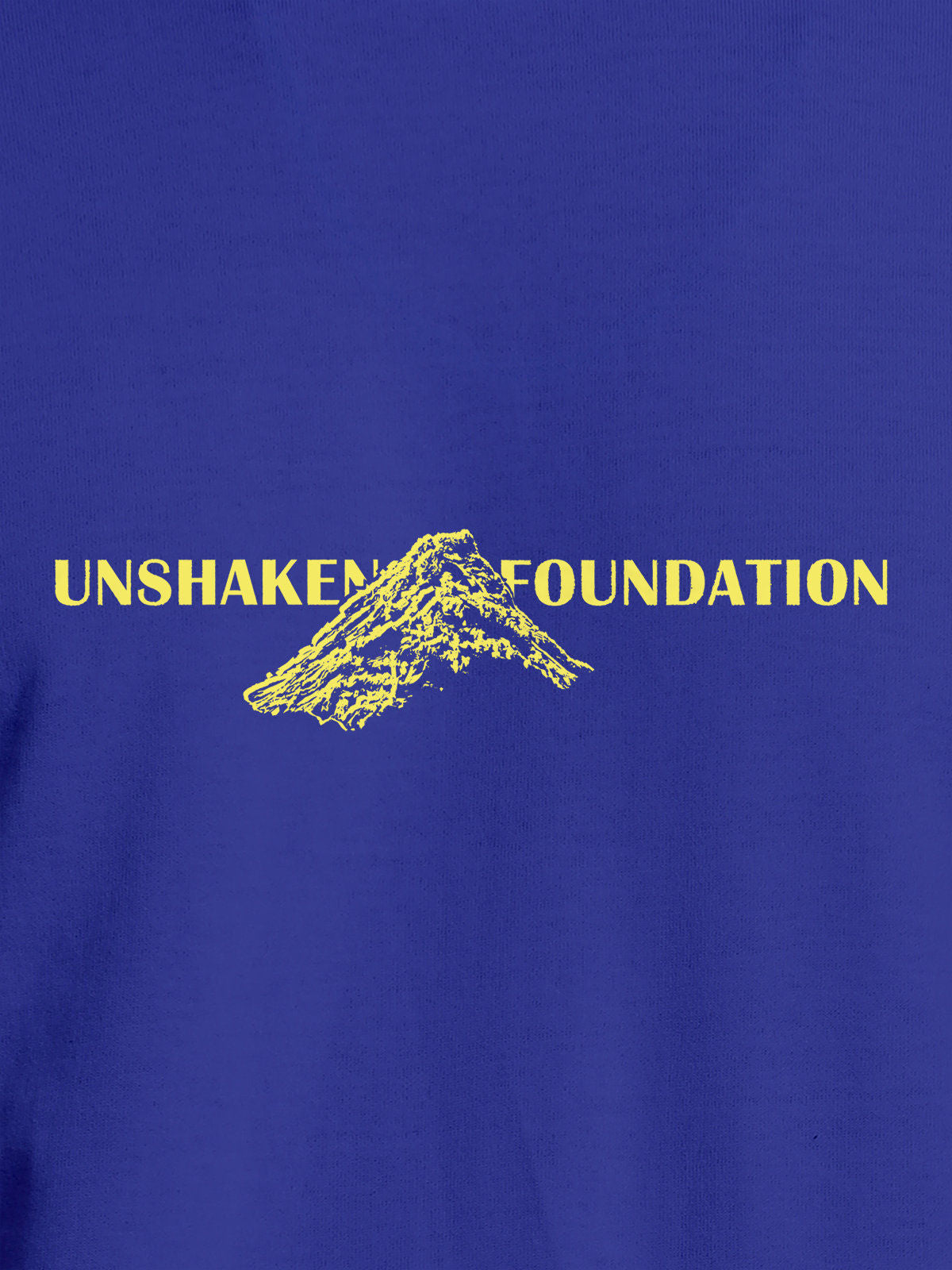 Close up of 'Unshaken Foundation' design on Women's Blue Round Neck T-shirt, highlighting intricate details and vibrant print.