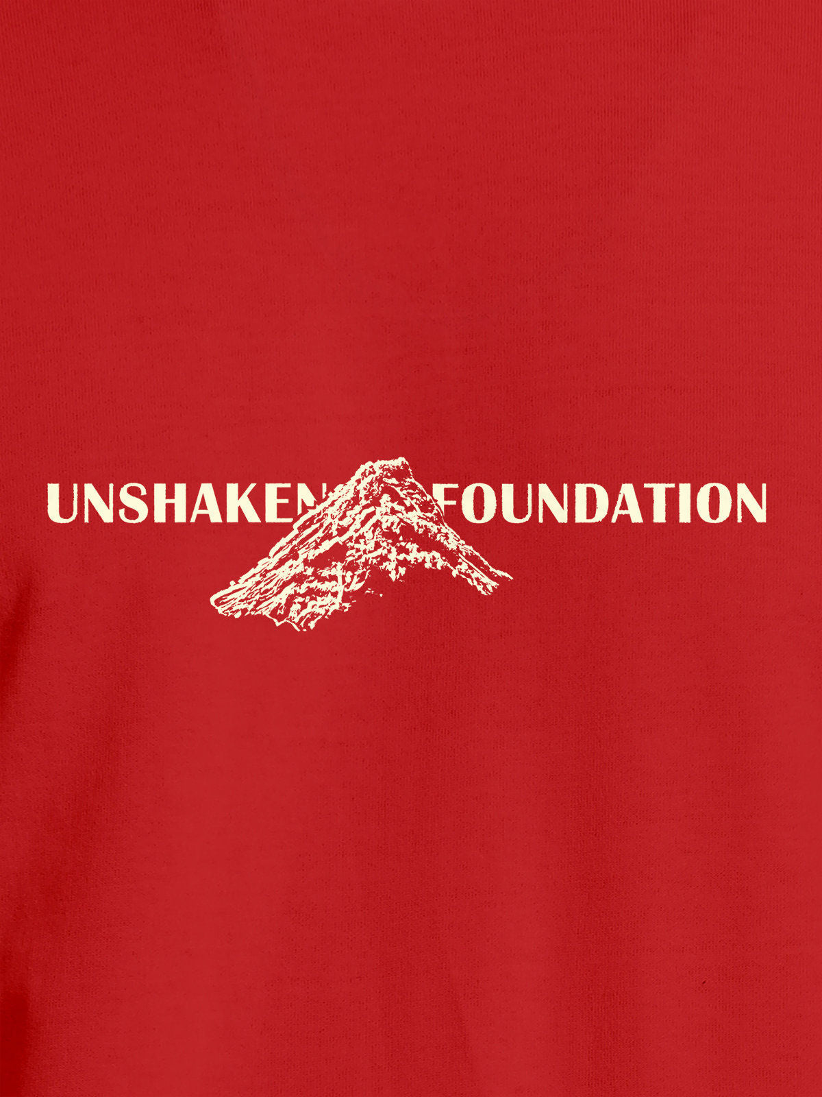 Close up of 'Unshaken Foundation' design on Women's Red Round Neck T-shirt, highlighting intricate details and vibrant print.