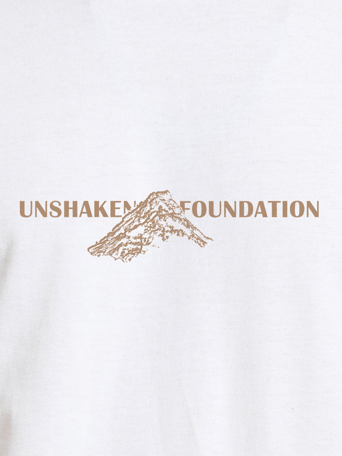Close up of 'Unshaken Foundation' design on Women's White Round Neck T-shirt, highlighting intricate details and vibrant print.