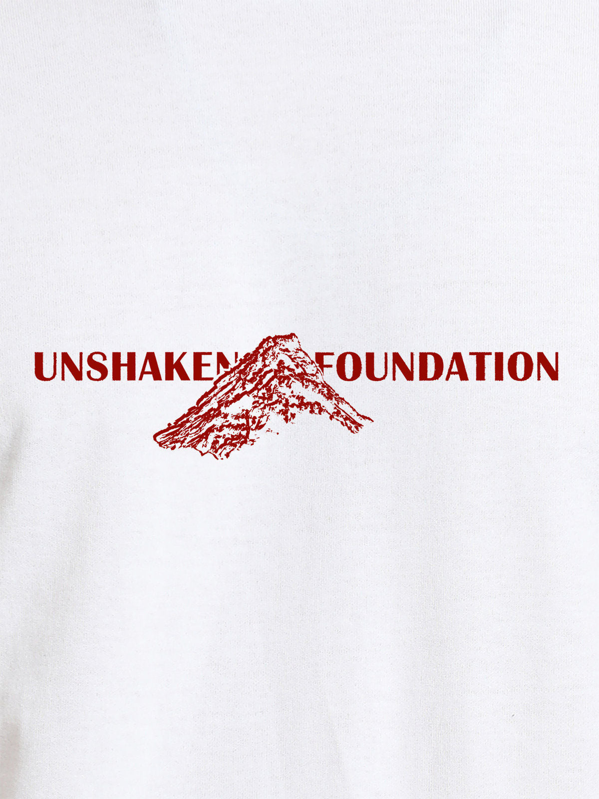 Close up of 'Unshaken Foundation' design on Women's White Round Neck T-shirt, highlighting intricate details and vibrant print.