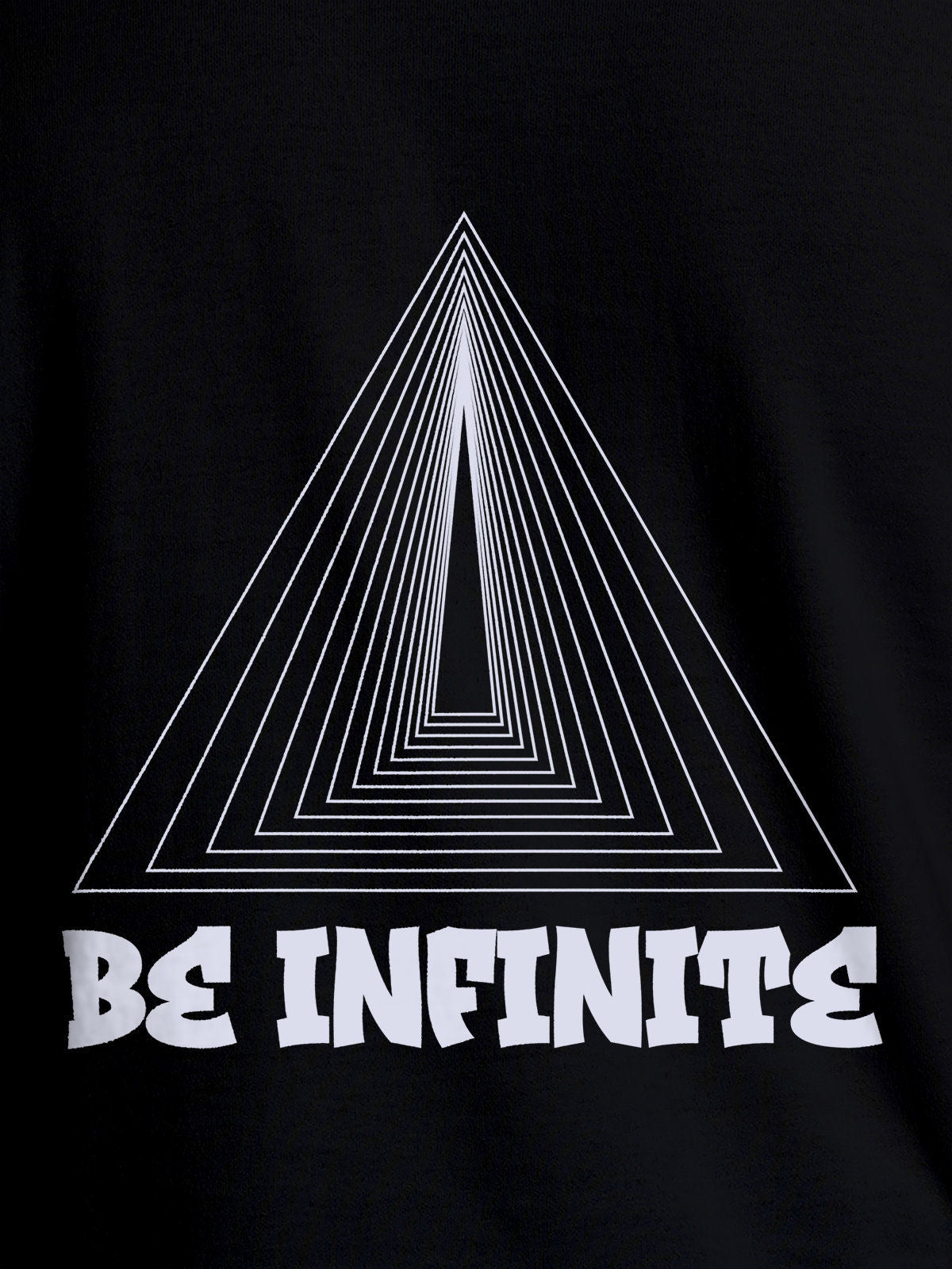 Close up of 'Be Infinite' design on Women's Black Round Neck T-shirt, highlighting intricate details and vibrant print.