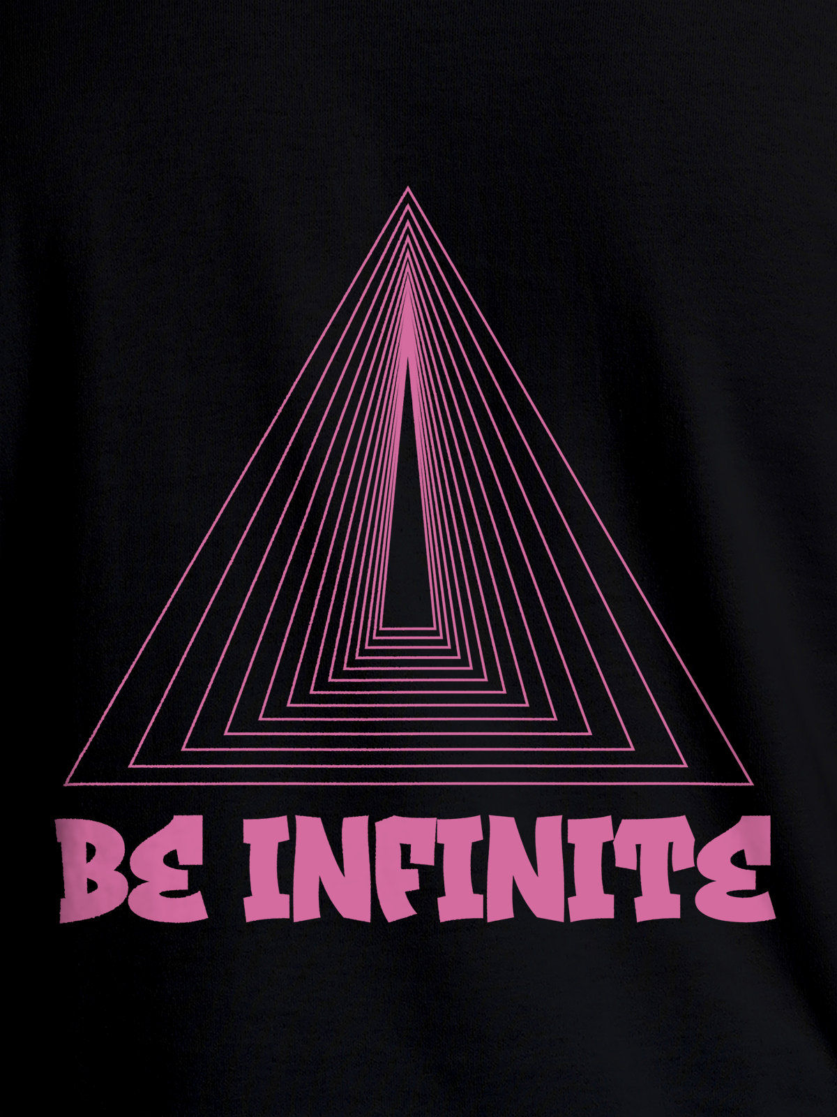 Close up of 'Be Infinite' design on Women's Black Round Neck T-shirt, highlighting intricate details and vibrant print.