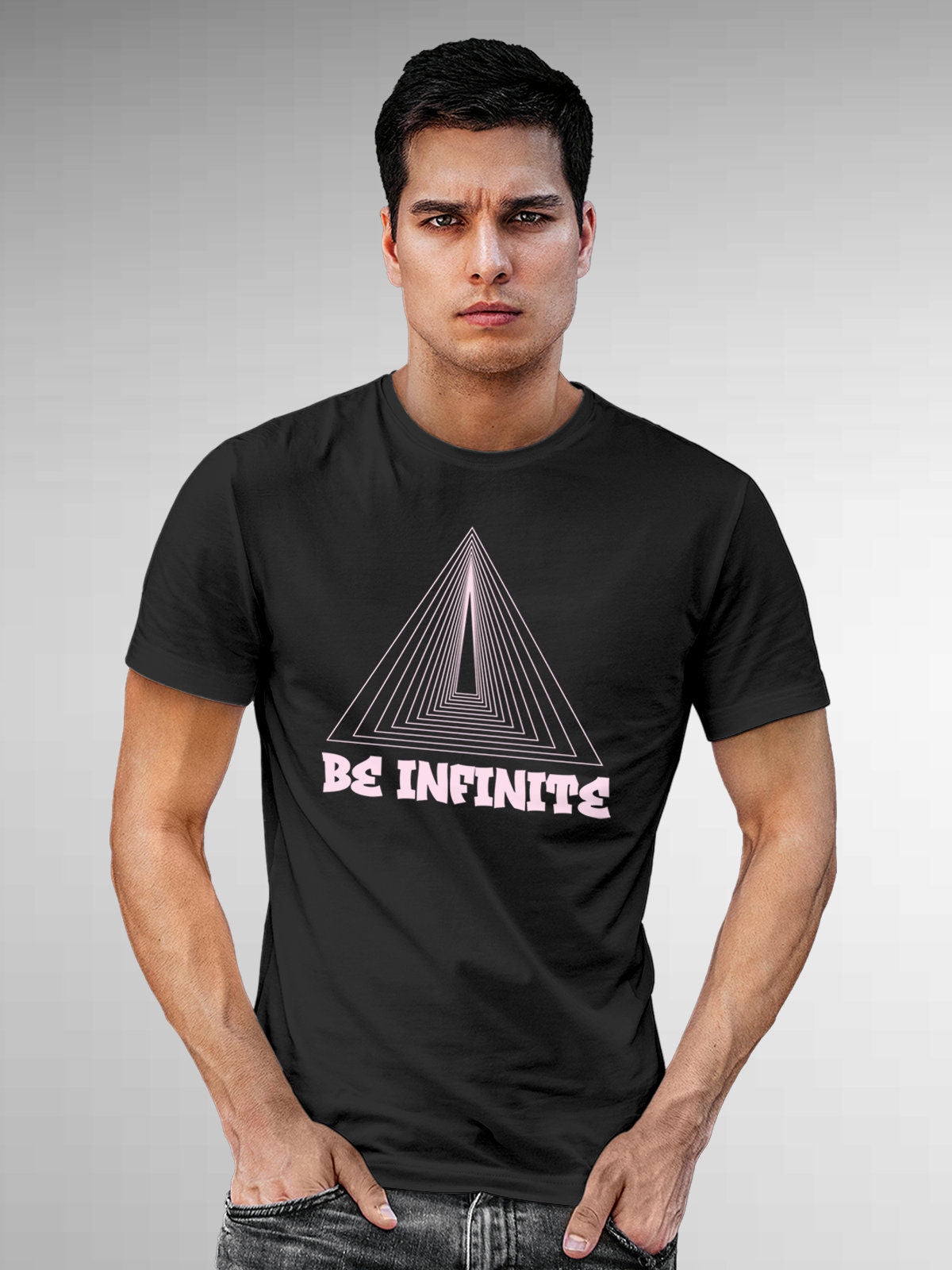 Model wearing Men's Dark Grey Round Neck T-shirt with 'Be Infinite' design, offering effortless style and premium comfort