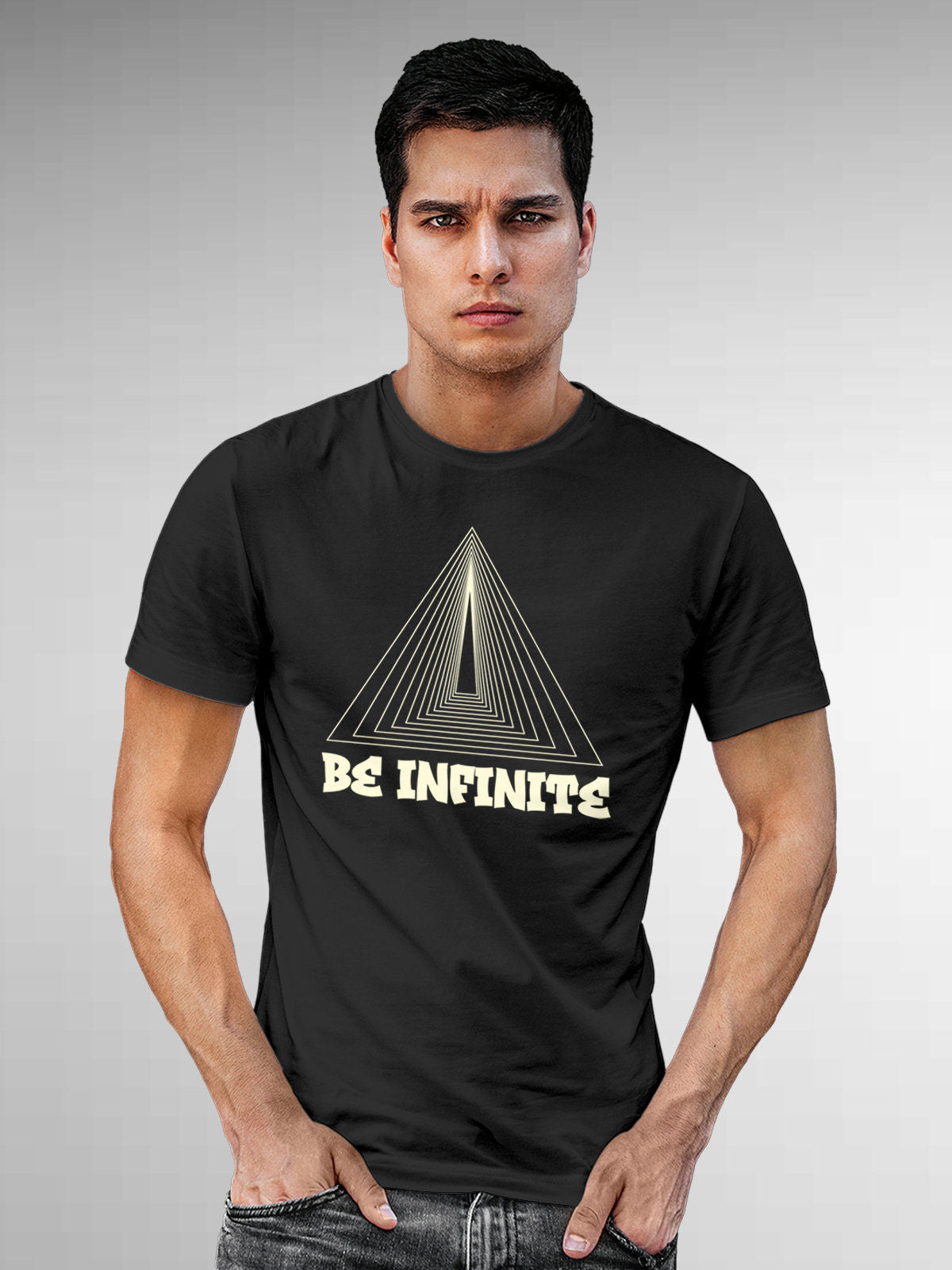 Model wearing Men's Dark Grey Round Neck T-shirt with 'Be Infinite' design, offering effortless style and premium comfort